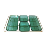 Golden vintage aperitif tray with green ramekins Arcoroc-France