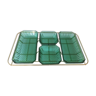 Golden vintage aperitif tray with green ramekins Arcoroc-France
