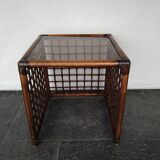 bamboo side table with smoked glass and leather bindings