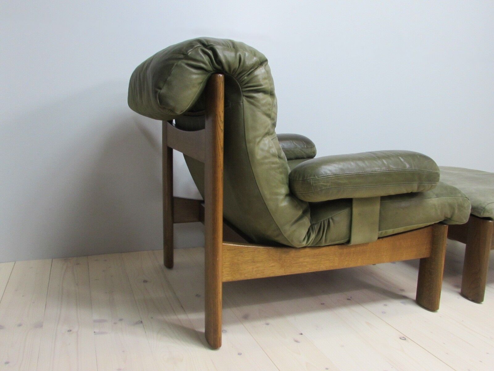 Armchair and footstool - green leather - 1960s
