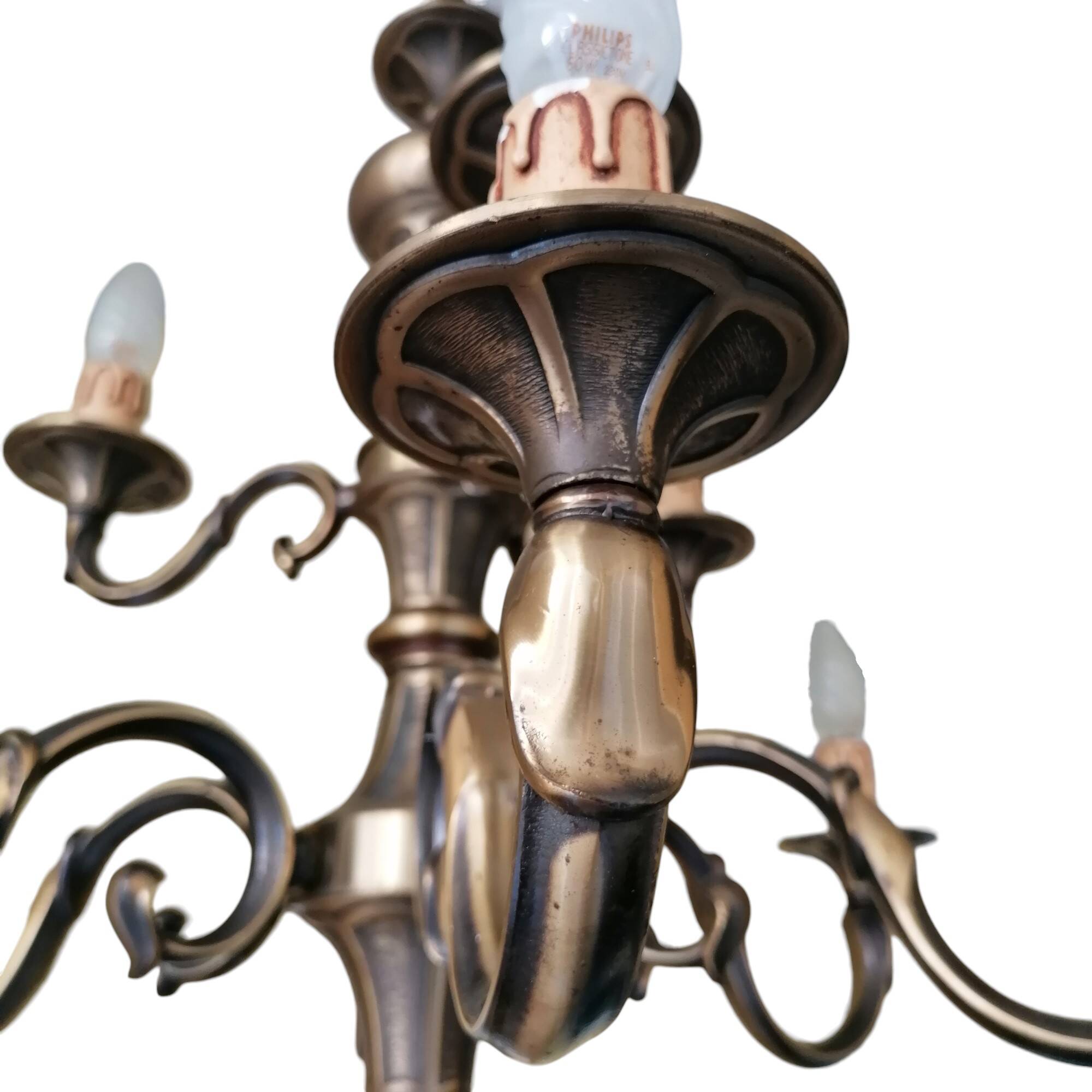 Lampadario vintage a nove luci in ottone, anni '50