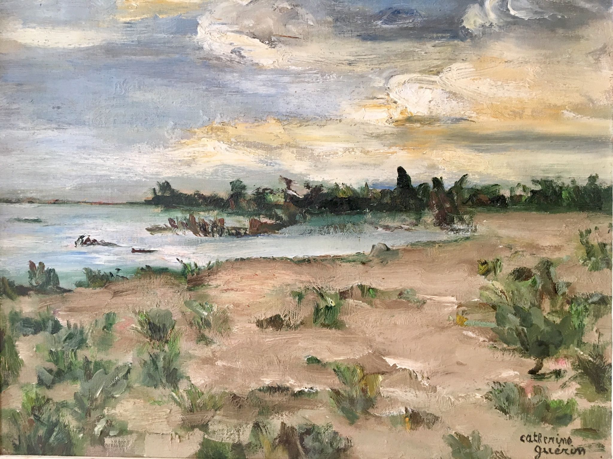 Painting, oil on canvas, landscape, sunset, signed Guerin