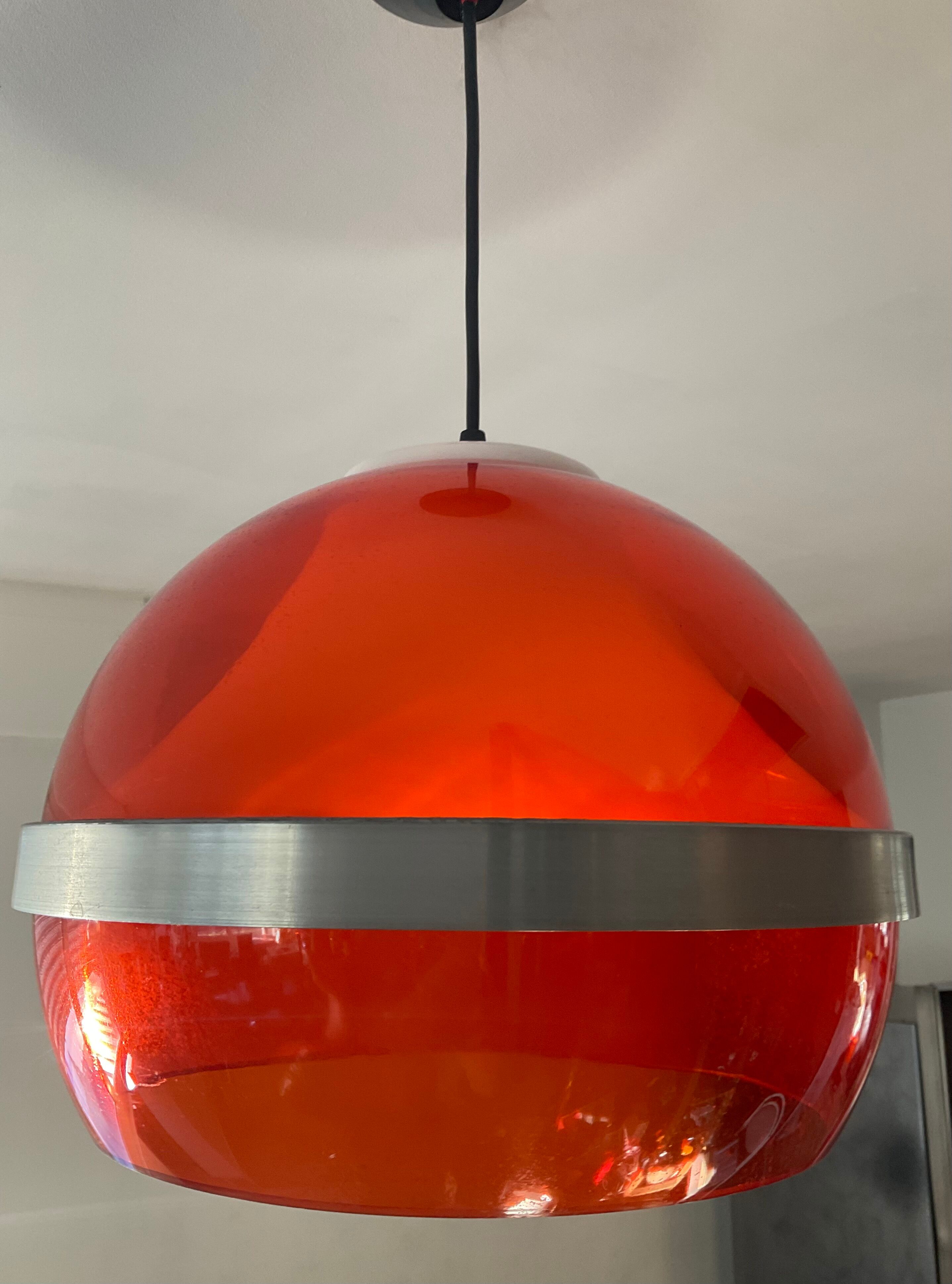 Space age pendant lamp in orange plexiglass and chromed metal
