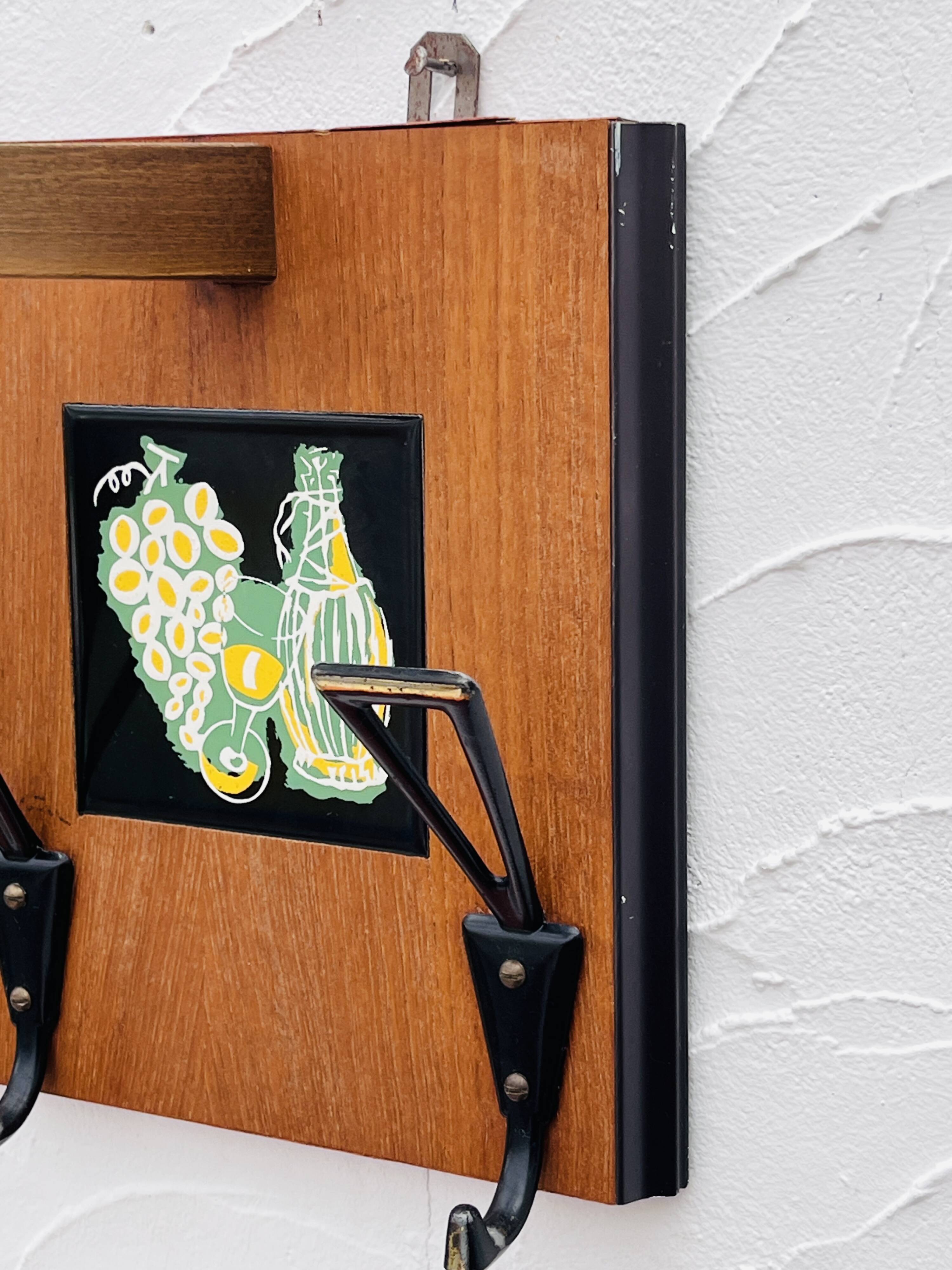 Vintage wooden wall coat rack mirror from the 1960s.