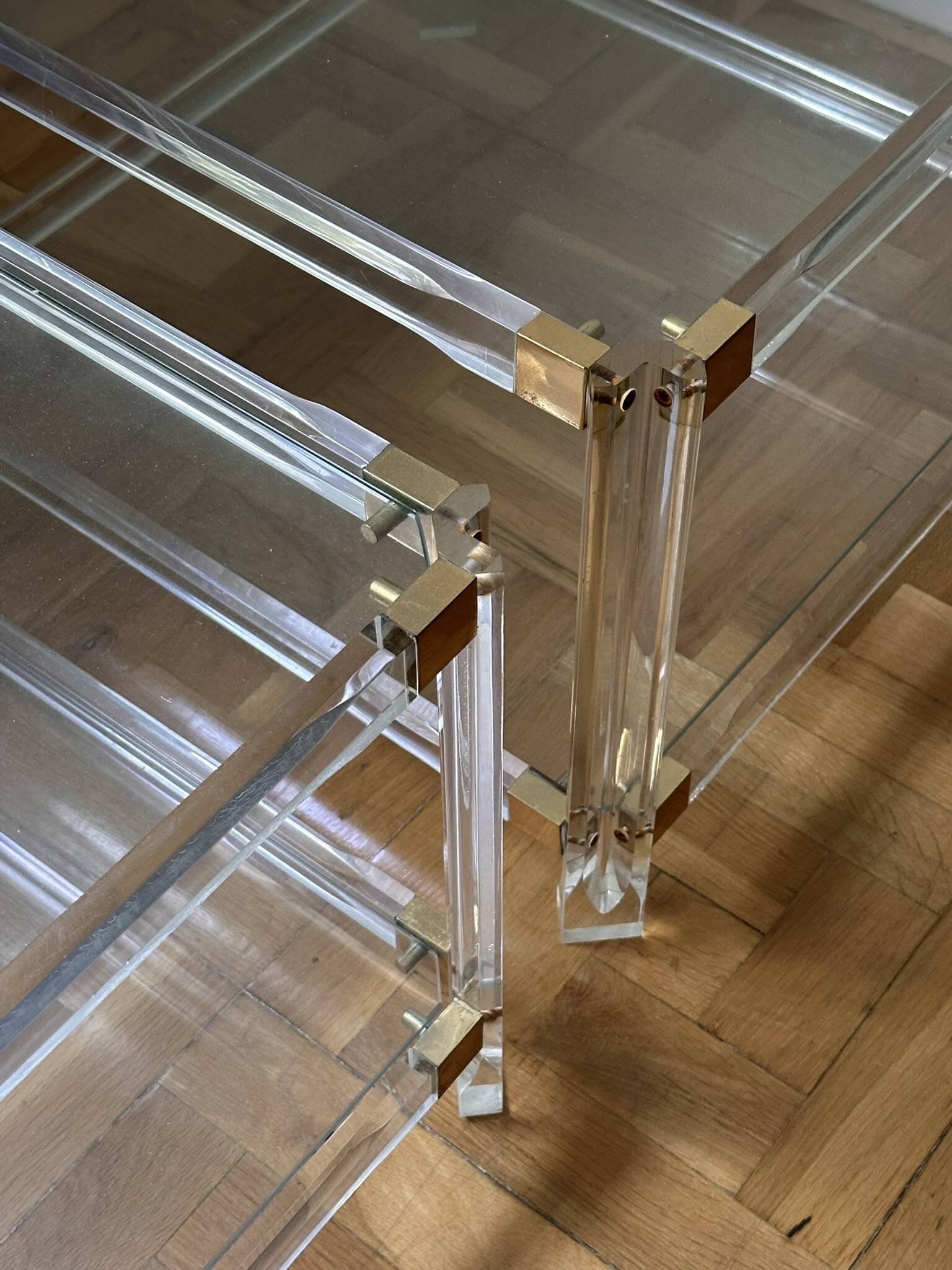 2 plexiglass, brass and glass coffee tables, circa 1970