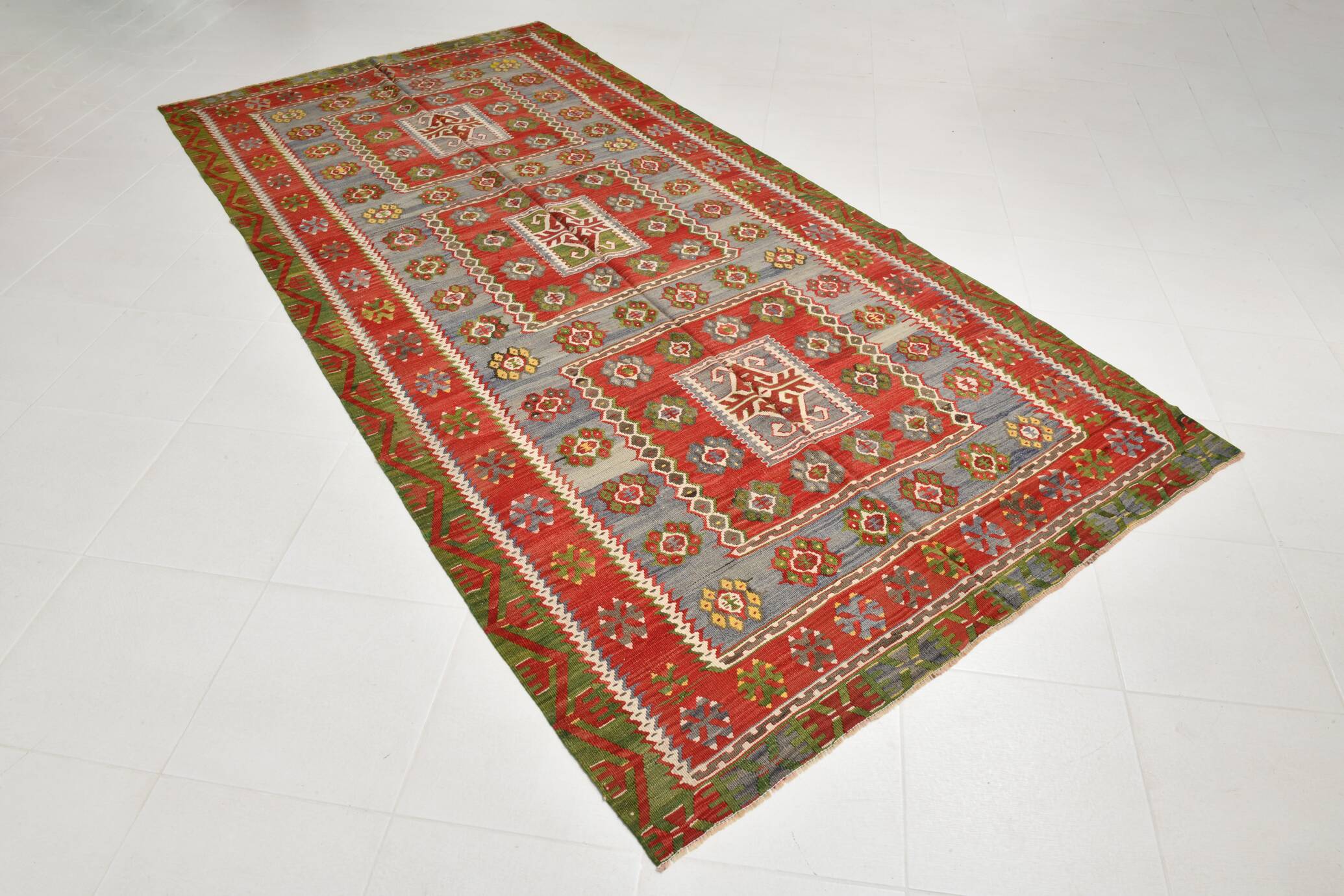 5x11 Kilim Red & Blue Geometric Vintage Rug, 168x342Cm