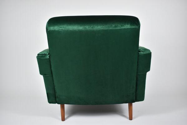 Fauteuil vintage en velours années 1960 restauré bouteille verte