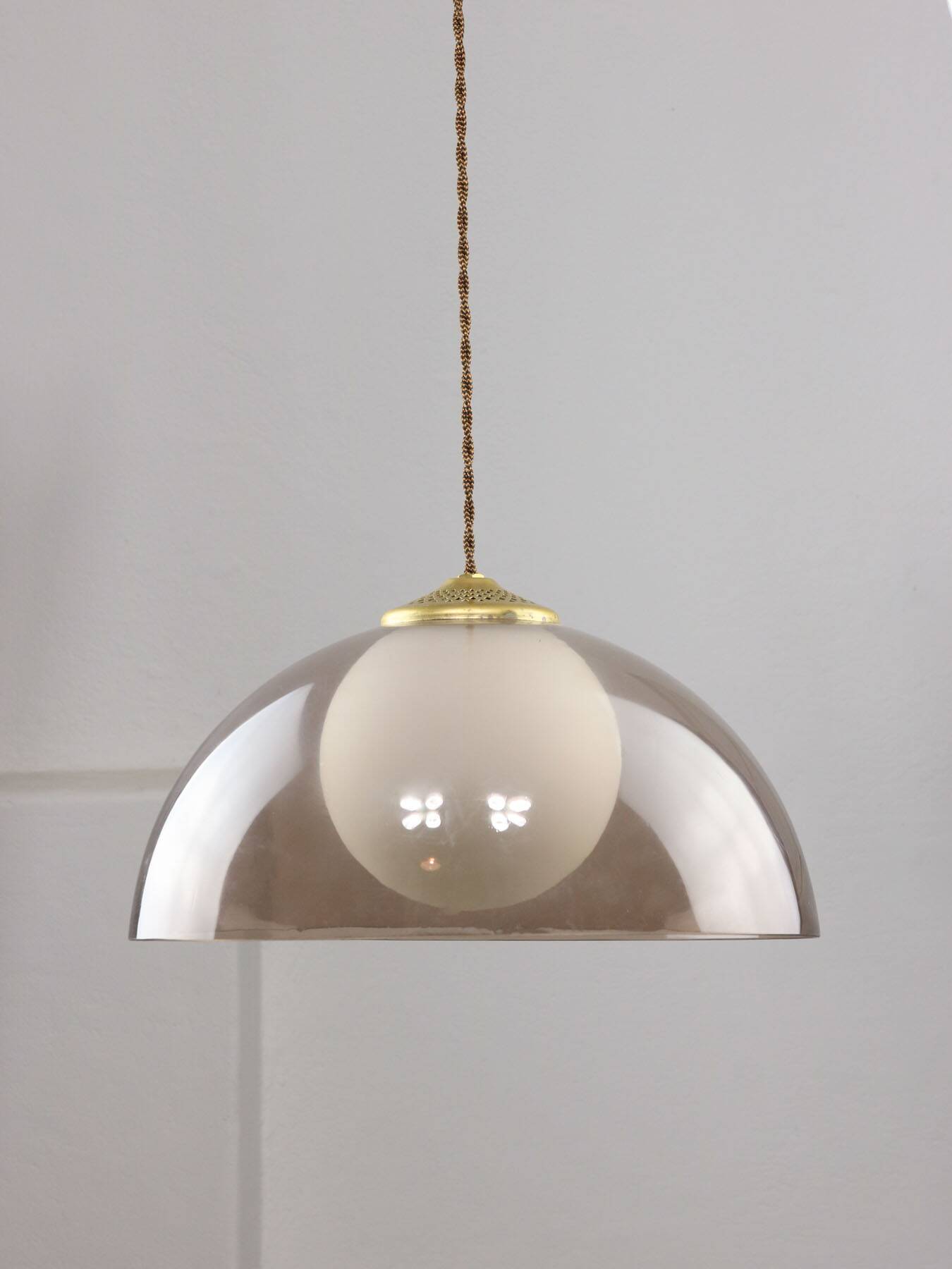Space-age Italian Brass, Opaline and Plexiglass Pendant Lamp
