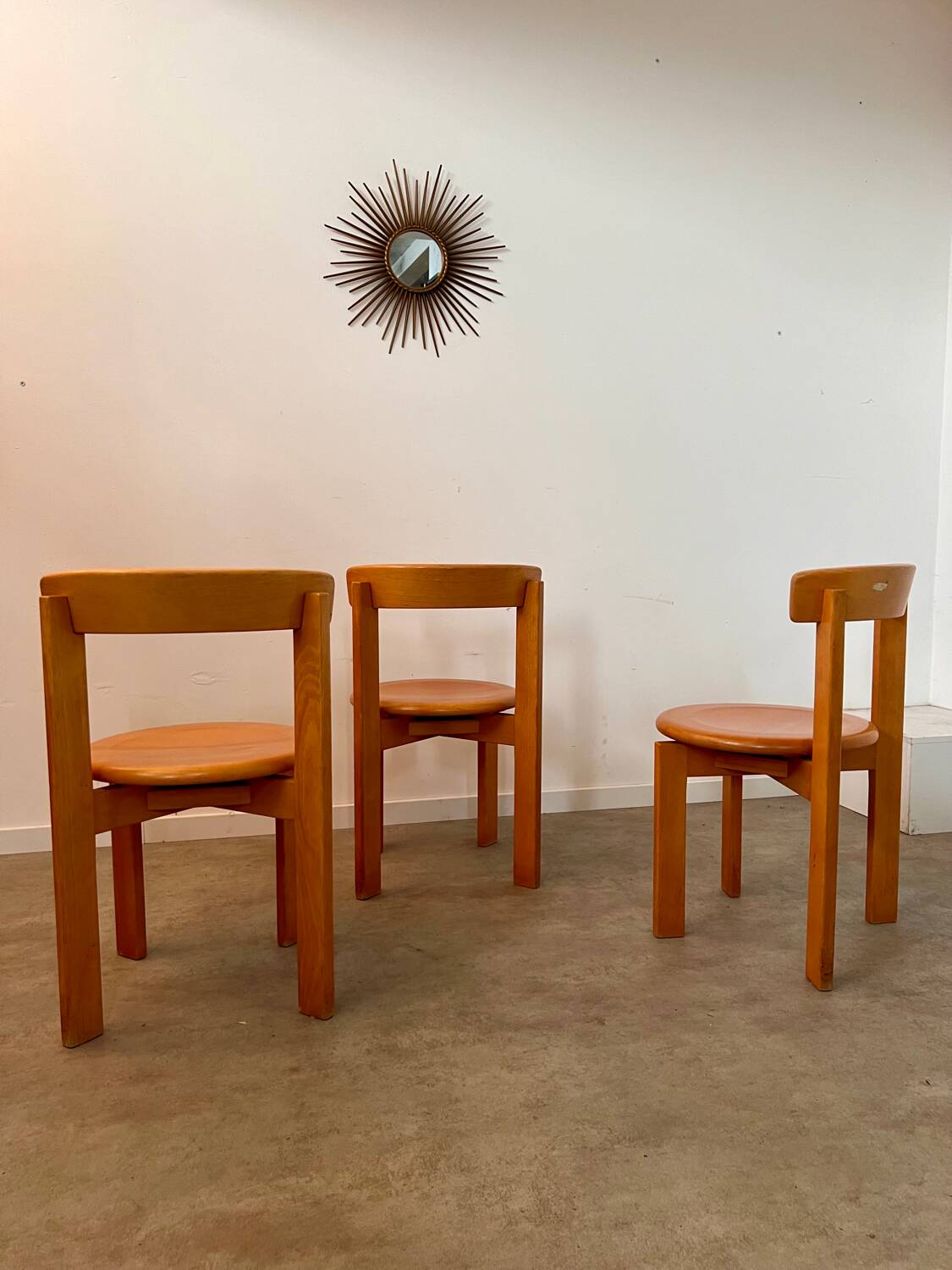 Set of 3 solid beech wood chairs, vintage 70s design