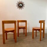 Set of 3 solid beech wood chairs, vintage 70s design