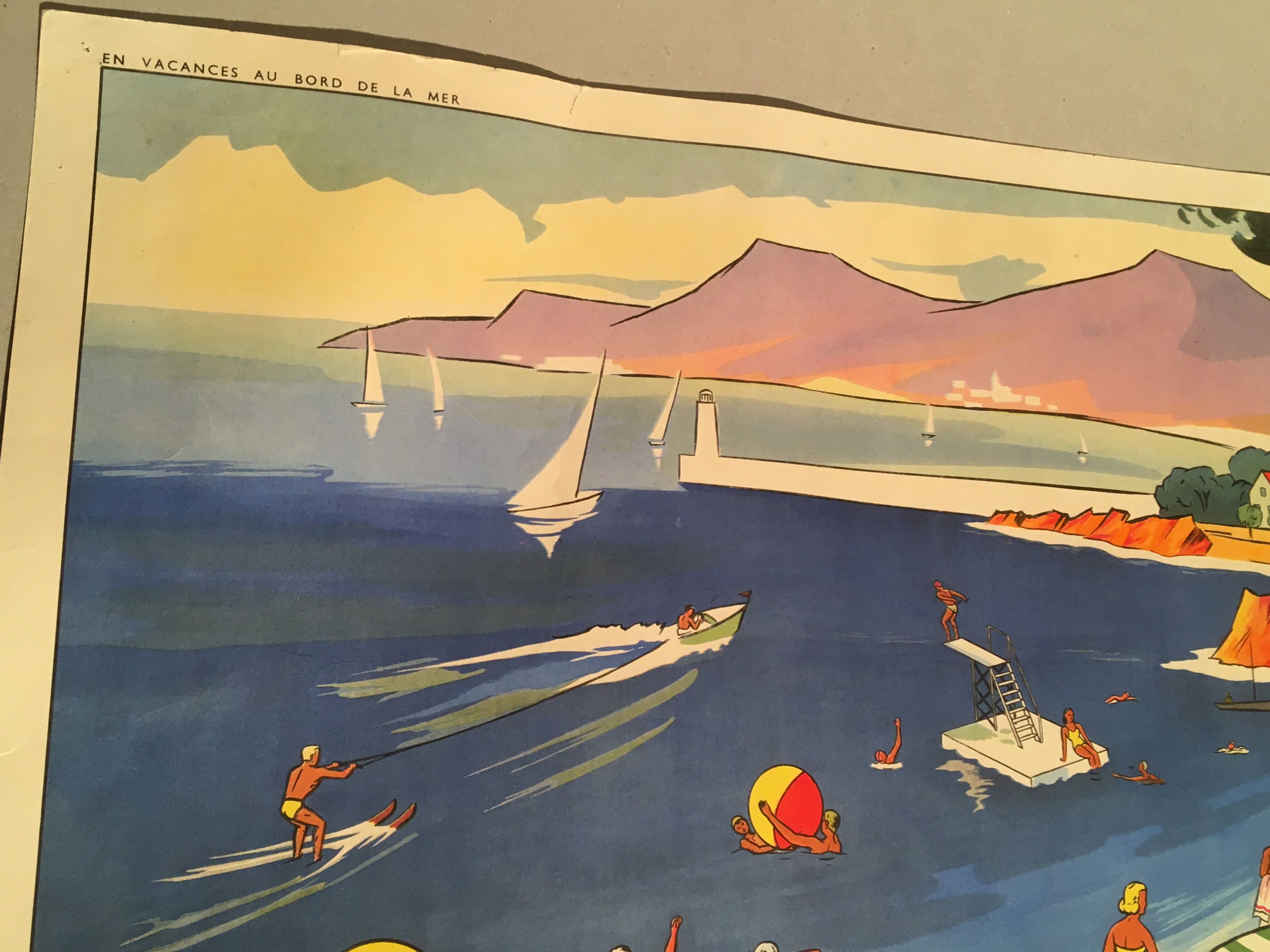 Affiche scolaire école vintage scène de vie recto « Les bohémiens" verso "Vacances au bord de la mer" pour Rossignol années 50