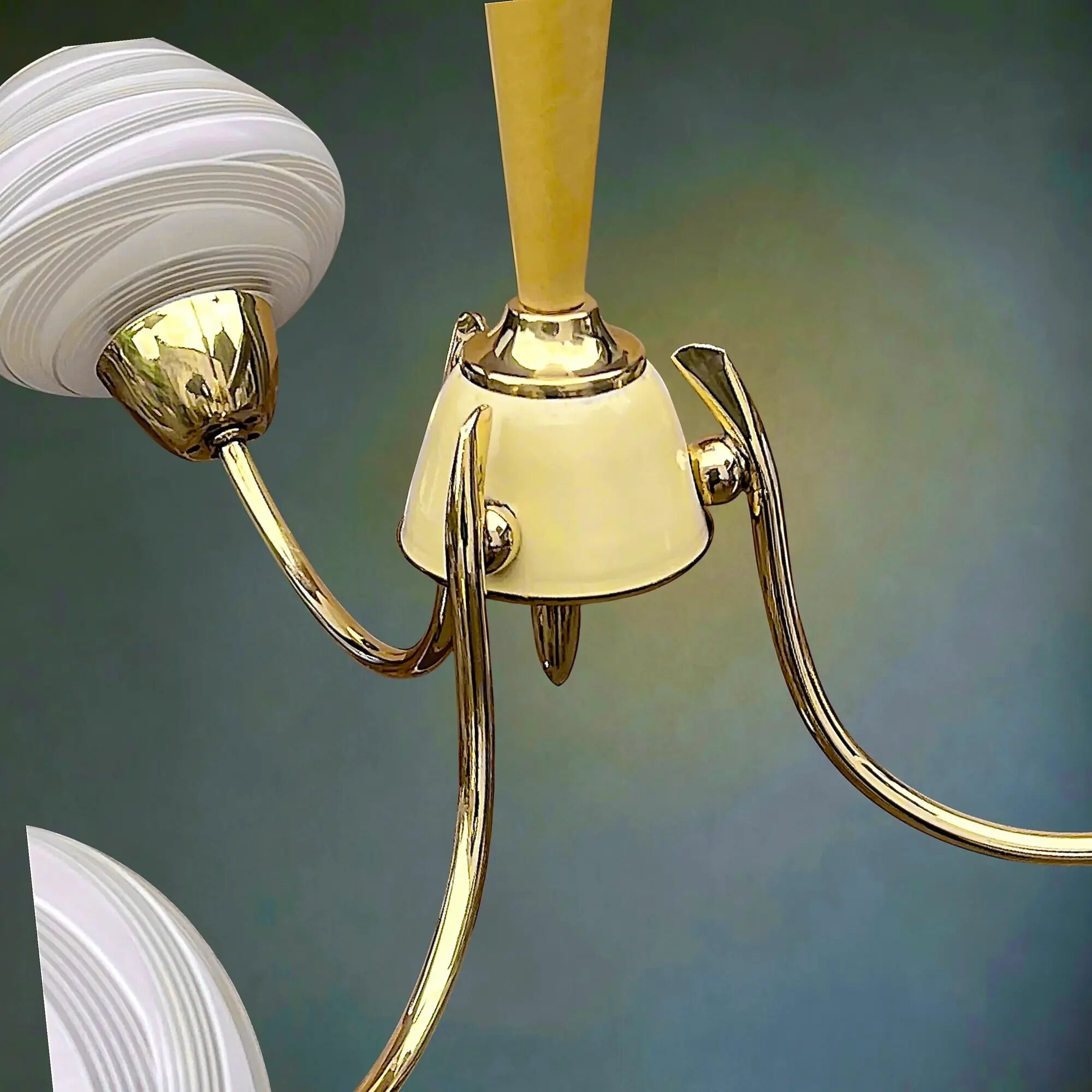 Three-light chandelier in brass and striated opaline glass – 1950s-60s