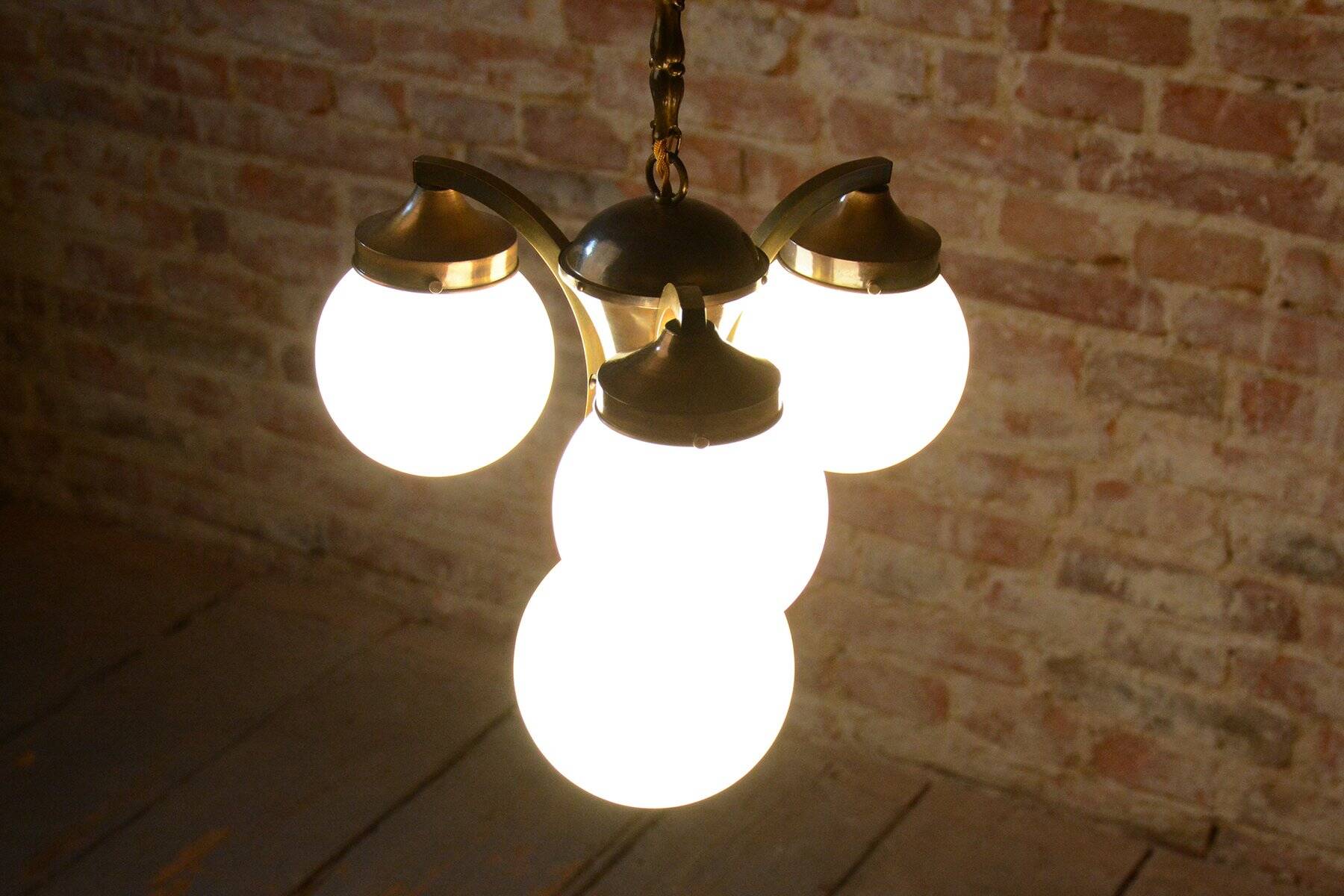 Art Deco Dissociative Chandelier in Brass and Opaline Glass, Czech, 1920s