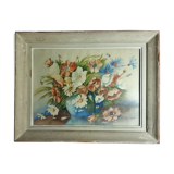 Tableau peinture nature morte fleurs signé Peyrinaud cadre bois