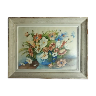 Tableau peinture nature morte fleurs signé Peyrinaud cadre bois