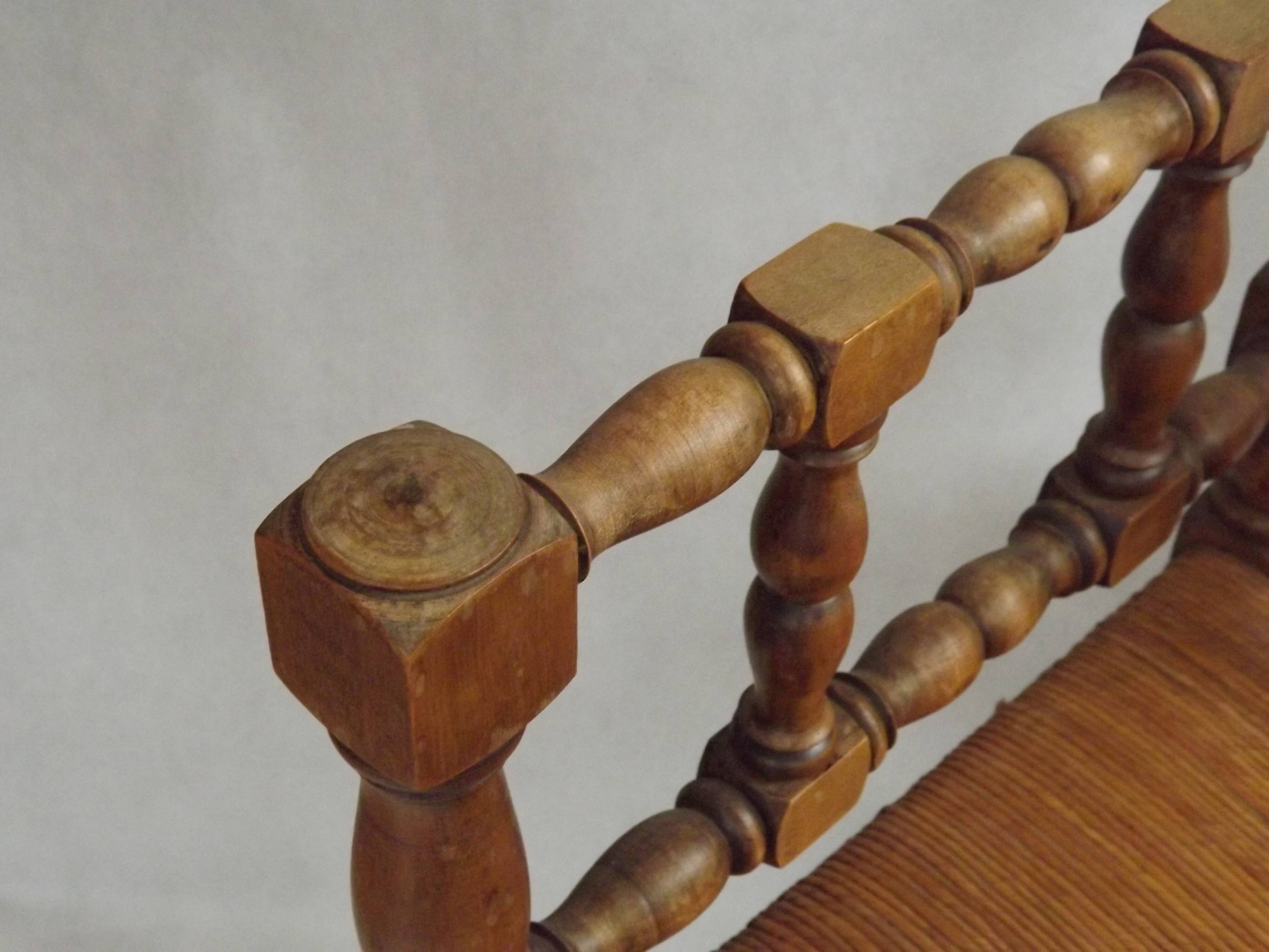 Antique French Turned Wooden Bobbin Chair with Rush Seat