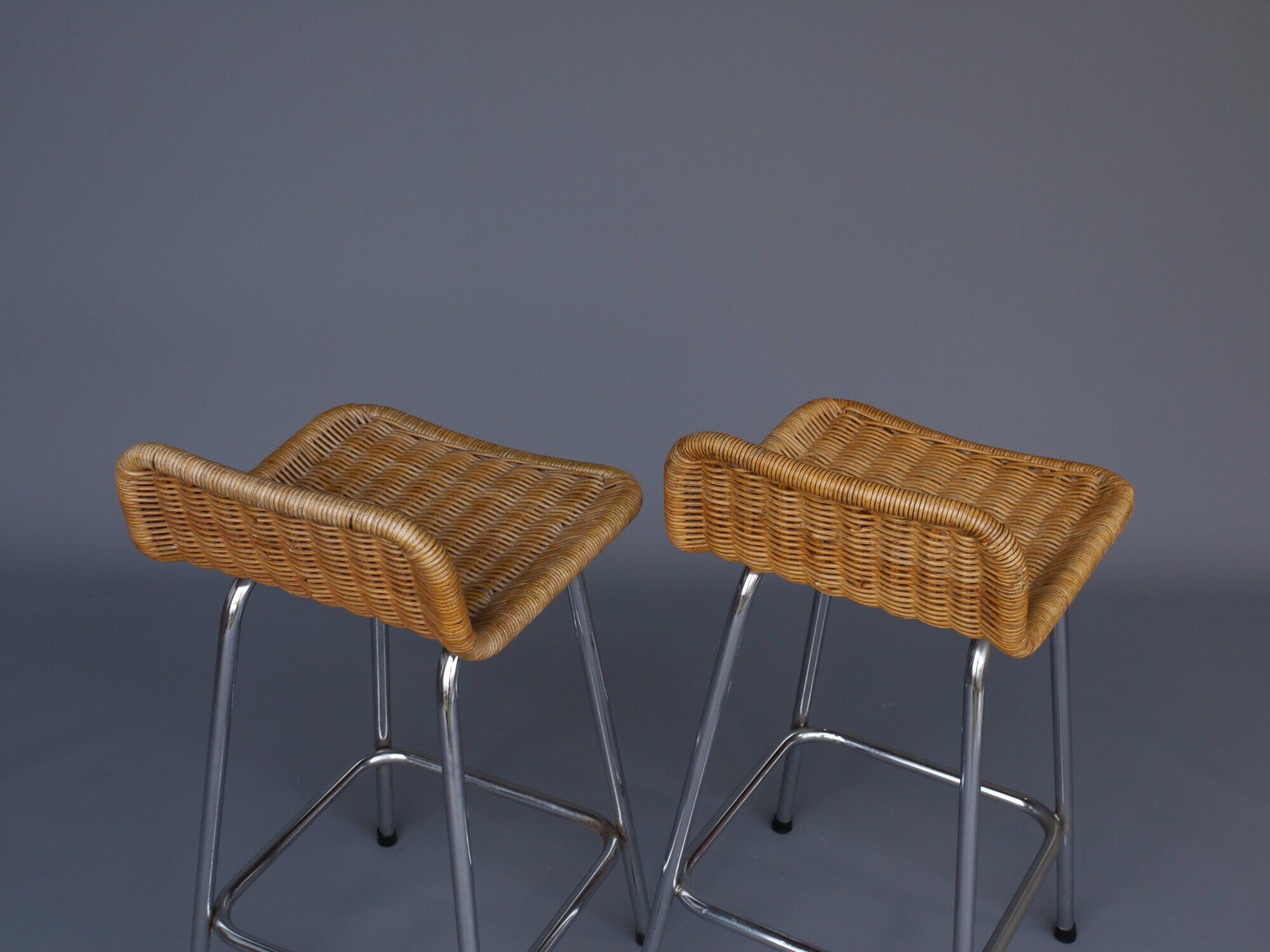 Chromed steel and rattan bar stools from Rohé Noordwolde, 1960s, Set of 2