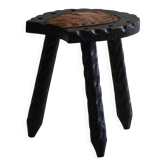 Tabouret tripode suédois en pin et cuir de vache, Wabi Sabi, années 1950