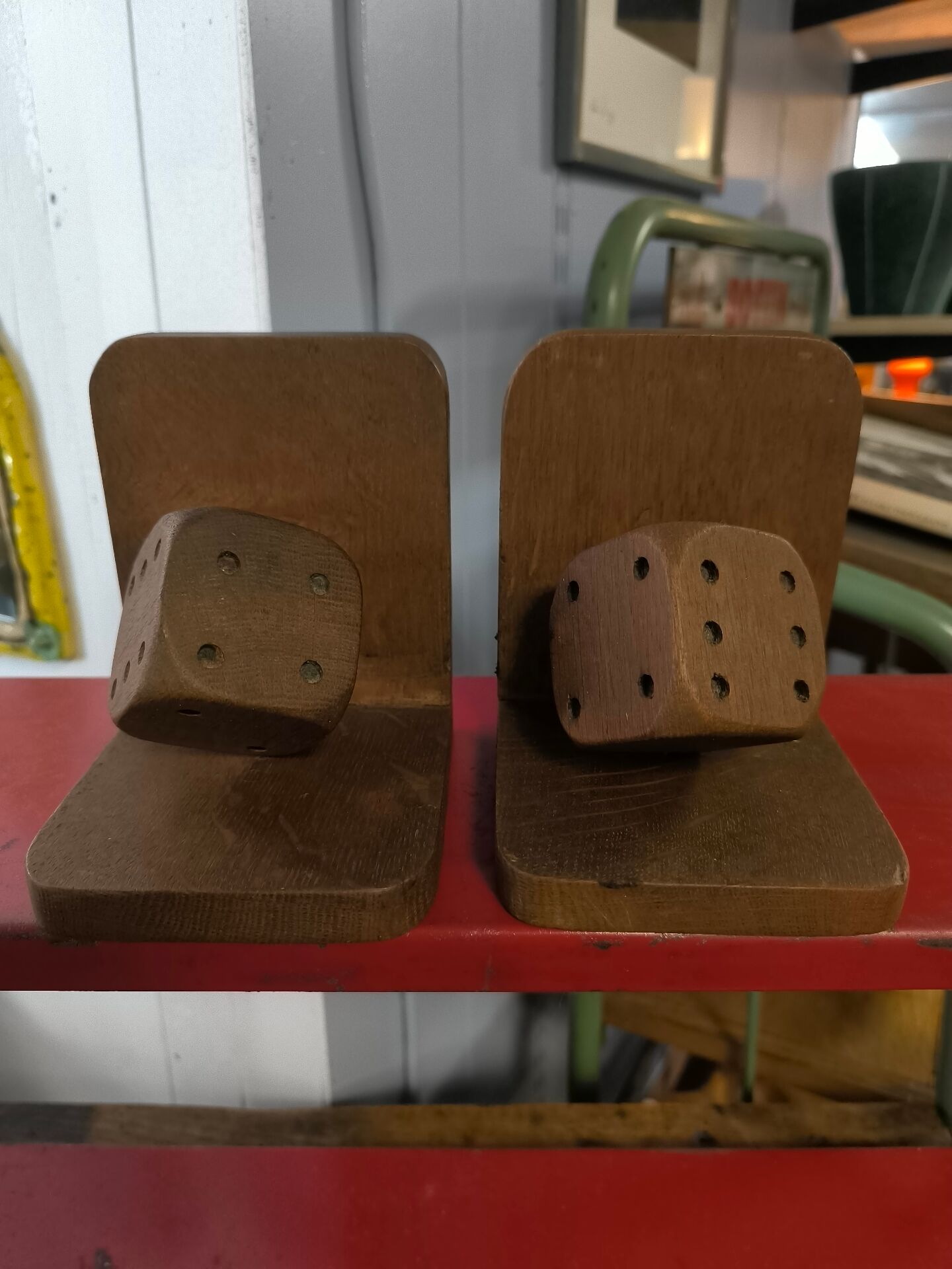 Pair of wooden dice bookends, circa 1960