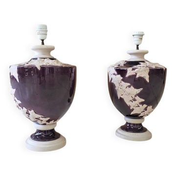 2 x large Kostka floral ceramic vase lamp / 1970s / France