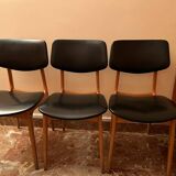 Set of 3 Stella chairs in beech and black imitation leather from the 50s/60s