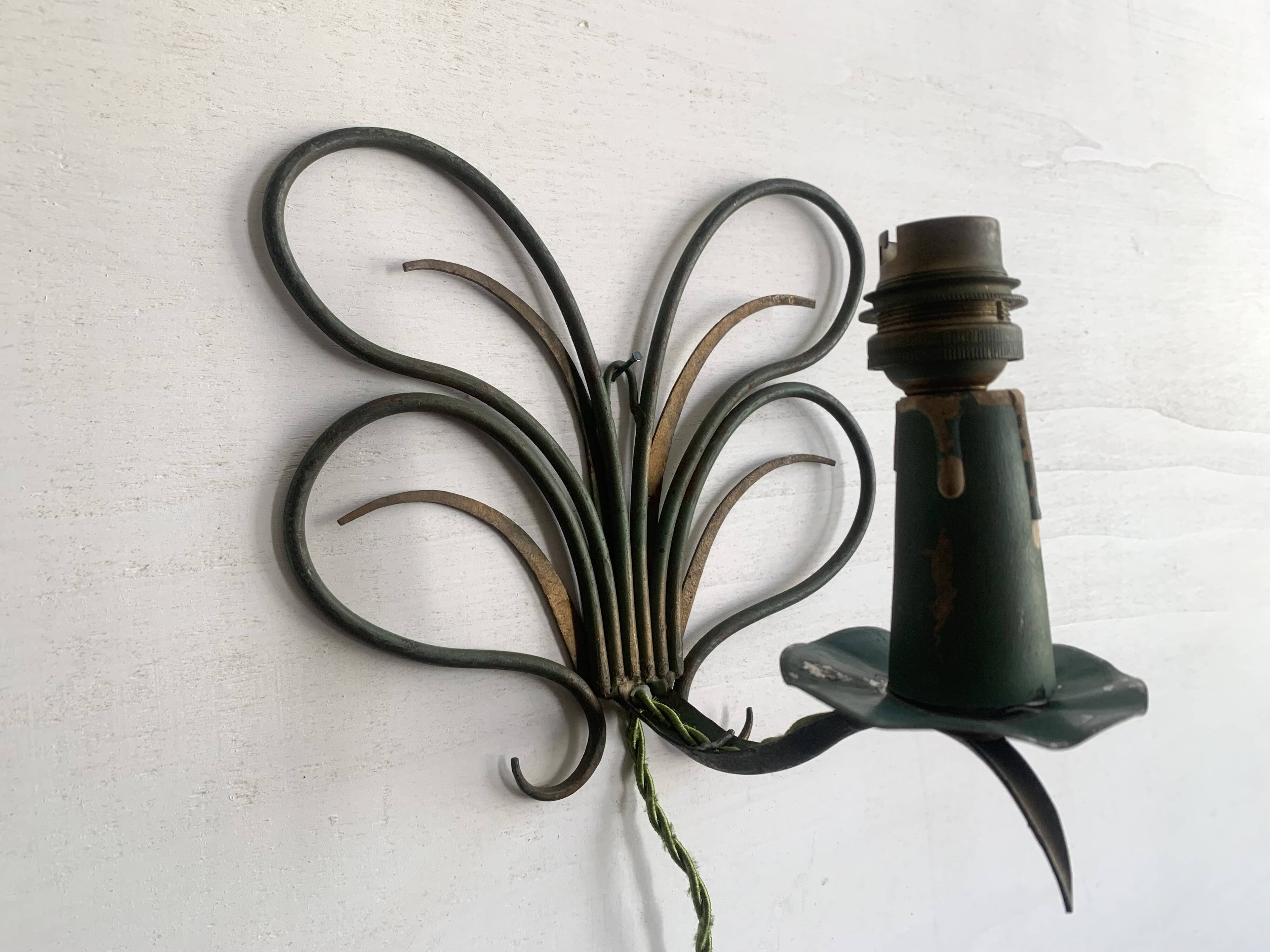 Pair of wall lights in patinated green painted iron, 1950s