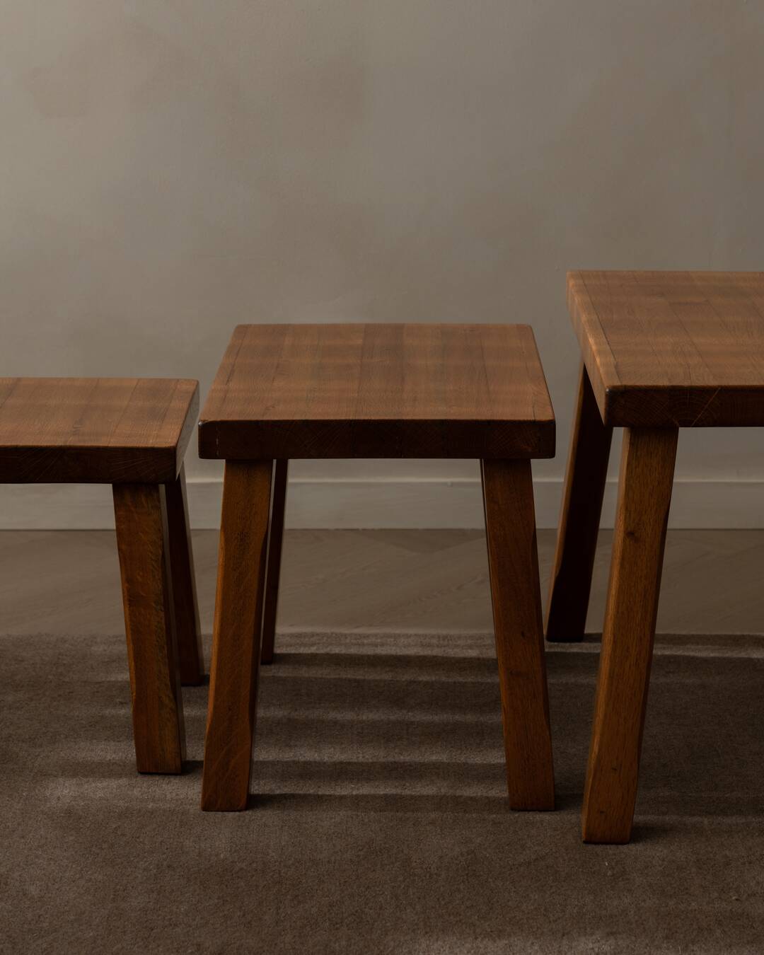 Brutalist Solid Oak Nesting Tables (Set of 3) – Dutch 1970s