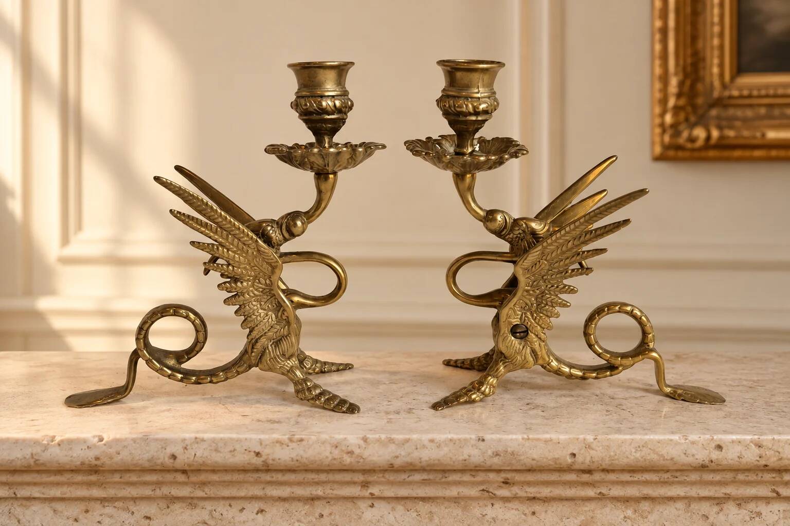 Pair of candlesticks with a winged dragon design – Napoleon III style
