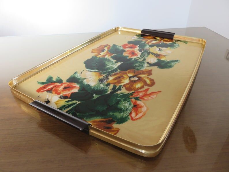 Floral formica and gold metal tray 50 60s