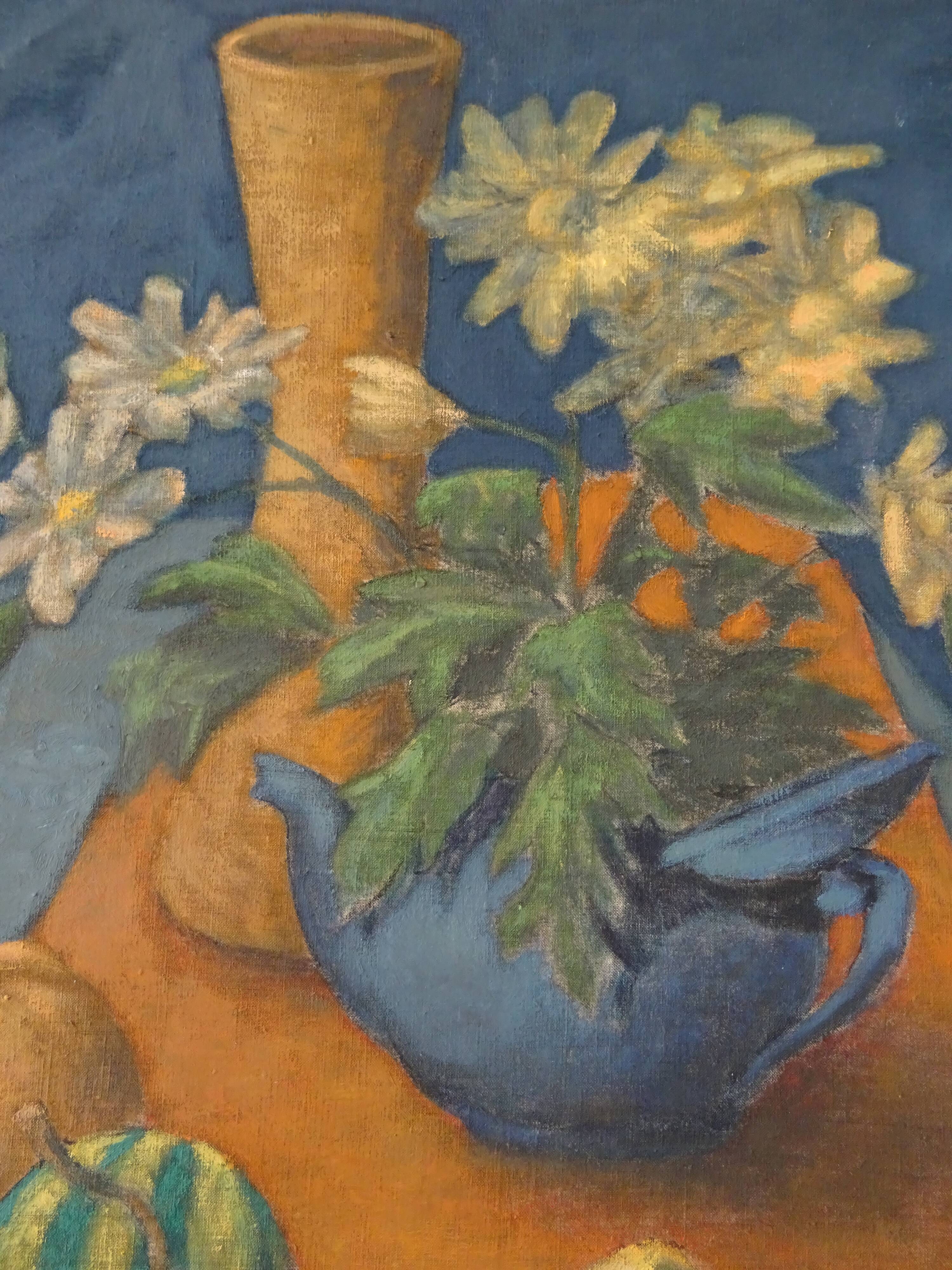 Tableau nature morte au bouquet de fleurs et légumes HST signé