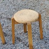 Pair of Scandinavian birch and sea rush stools from the 70s/80s