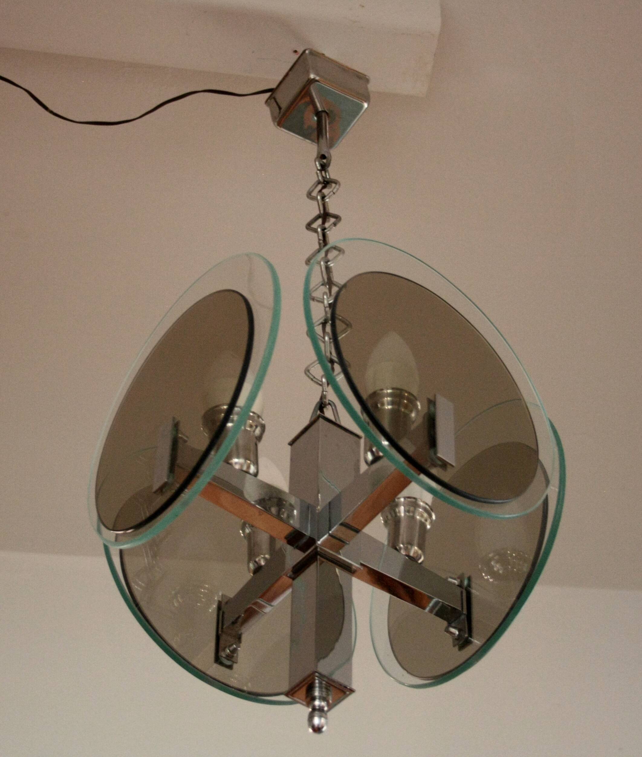 Vintage Art Deco chandelier in chrome metal and glass, Italy, 1970s