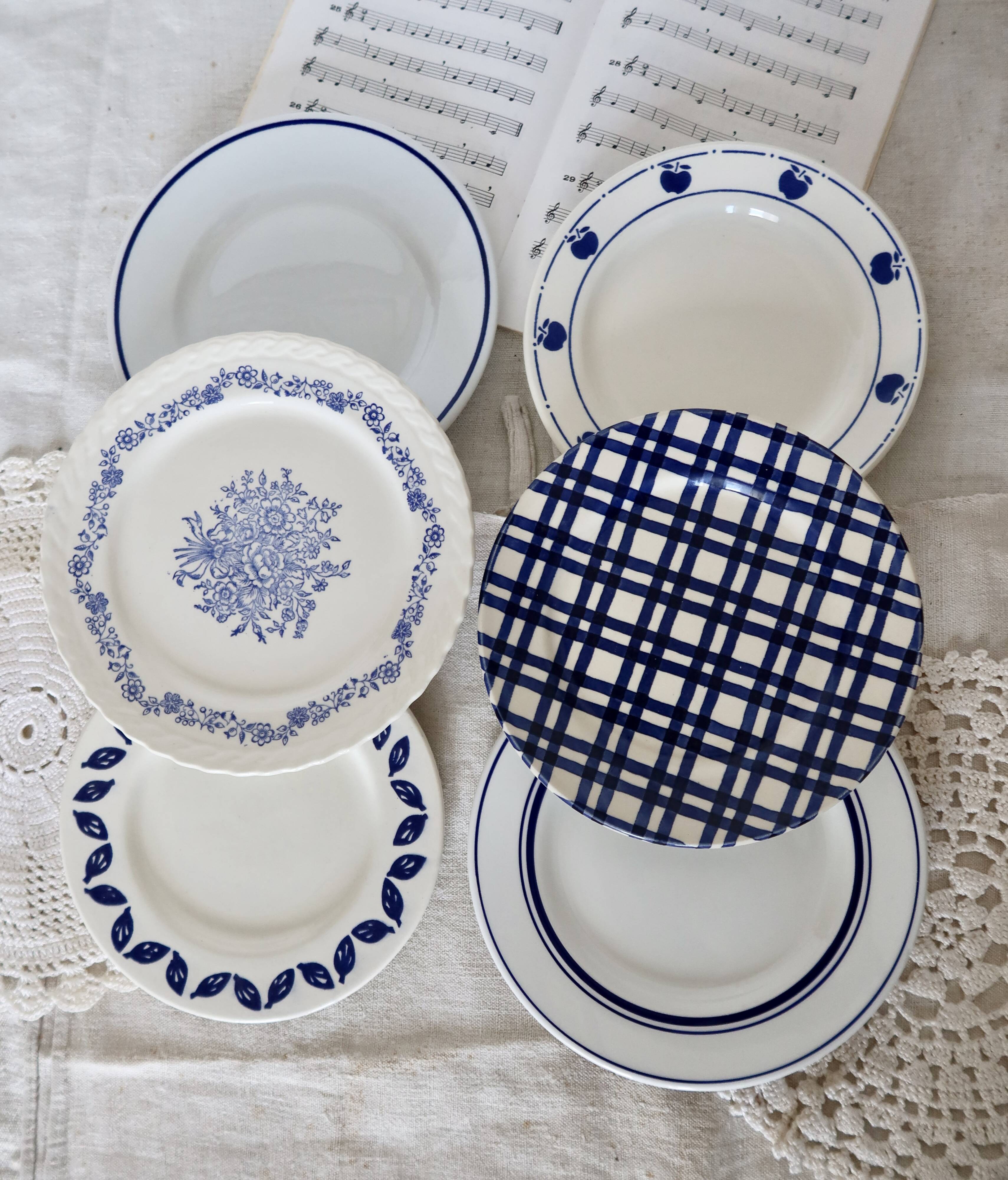 6 vintage earthenware and blue and white porcelain dessert plates - Roxanna lot