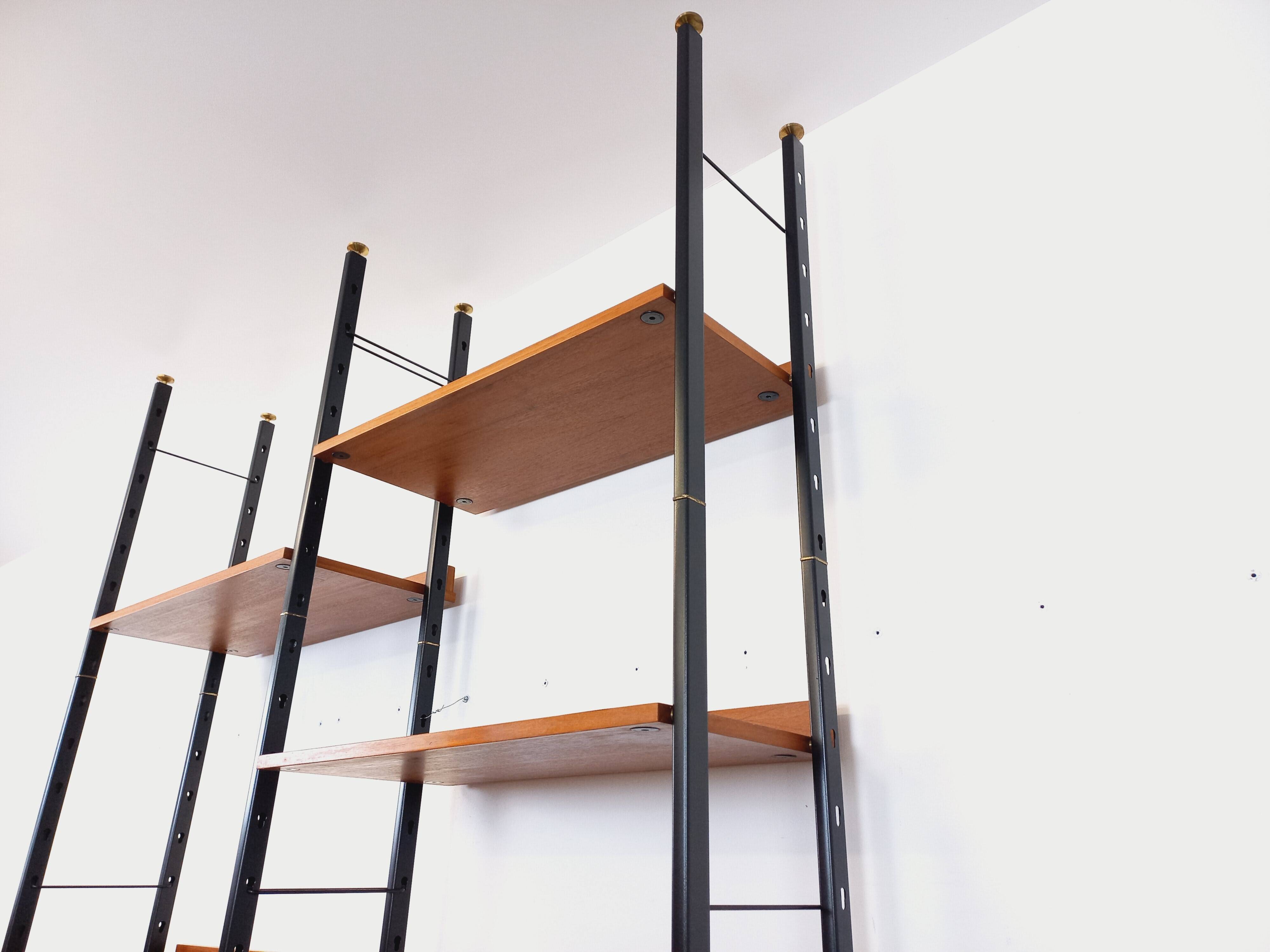 Vintage Italian double modular shelf bookcase in teak and metal
