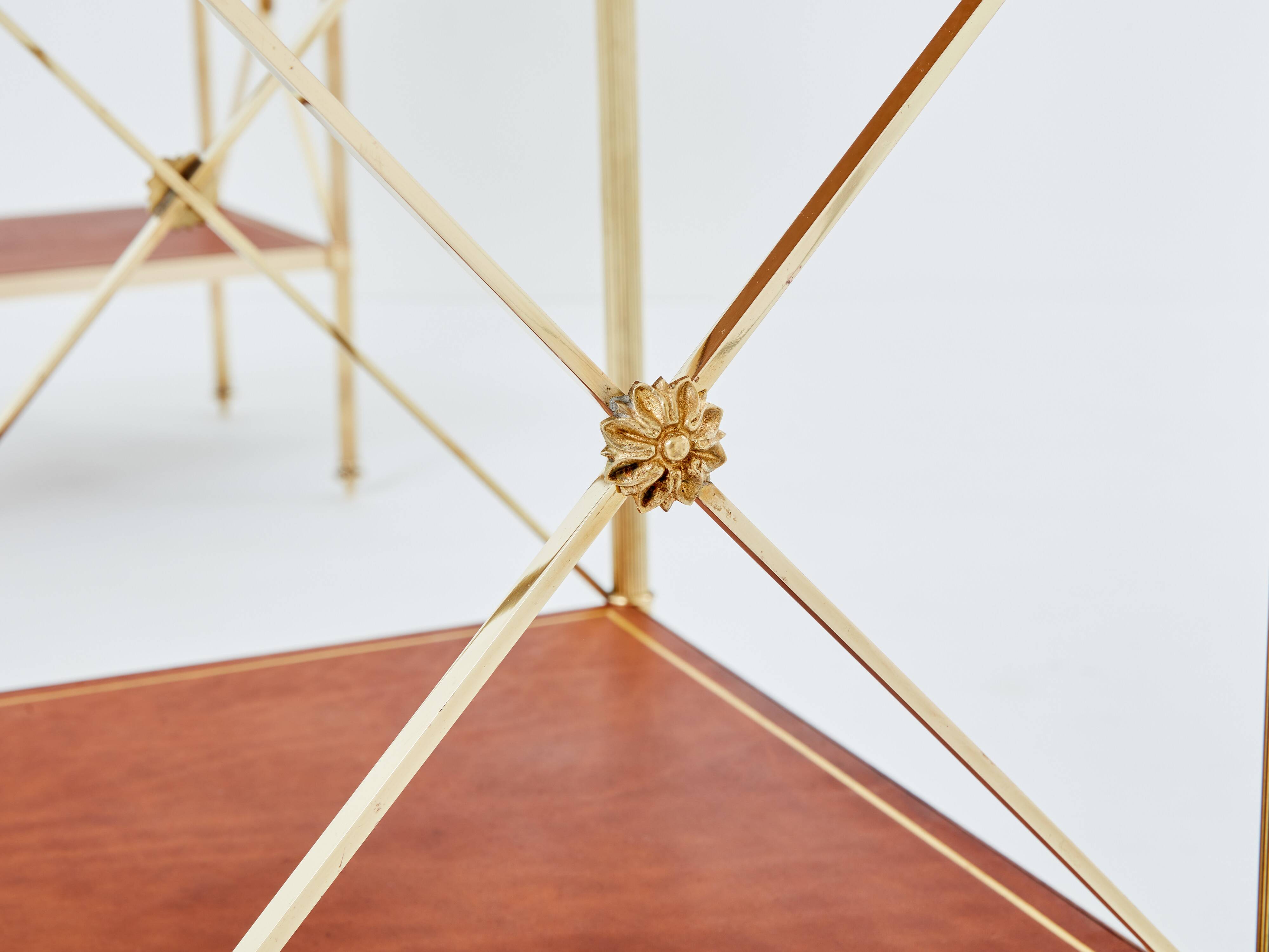 Pair of neoclassical brass leather side tables style Maison Jansen 1970