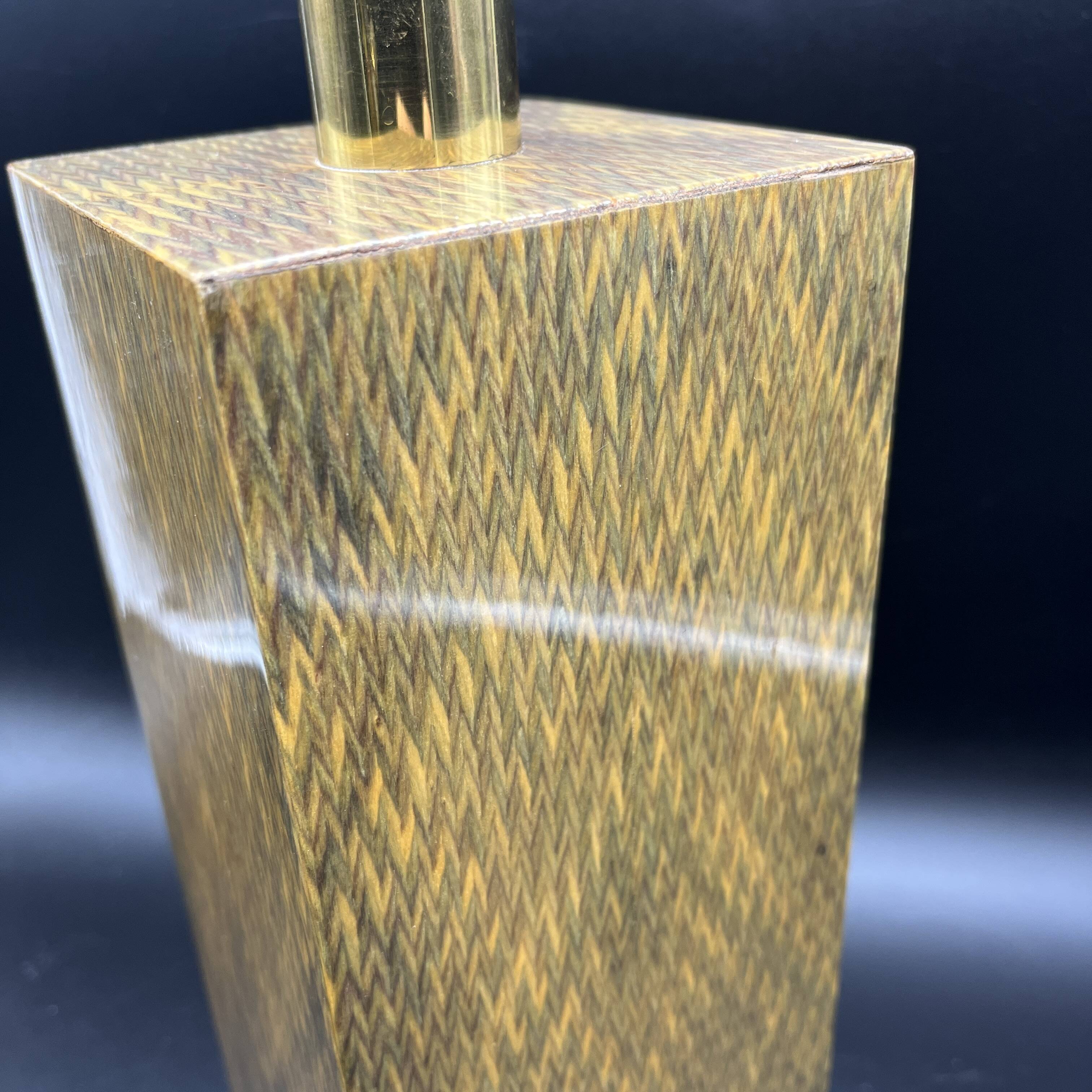 Lamp base in varnished marquetry and gilded brass Jean Claude Mahey