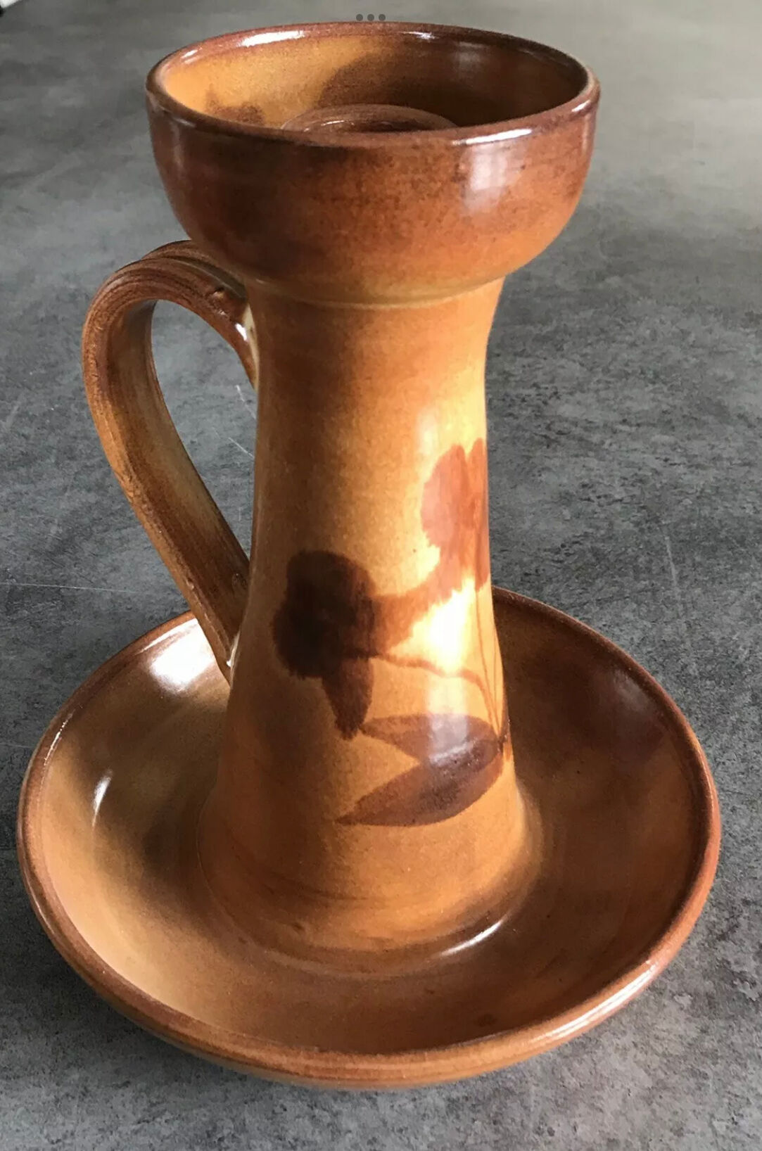 Vintage candle holder in glazed terracotta floral paint decoration