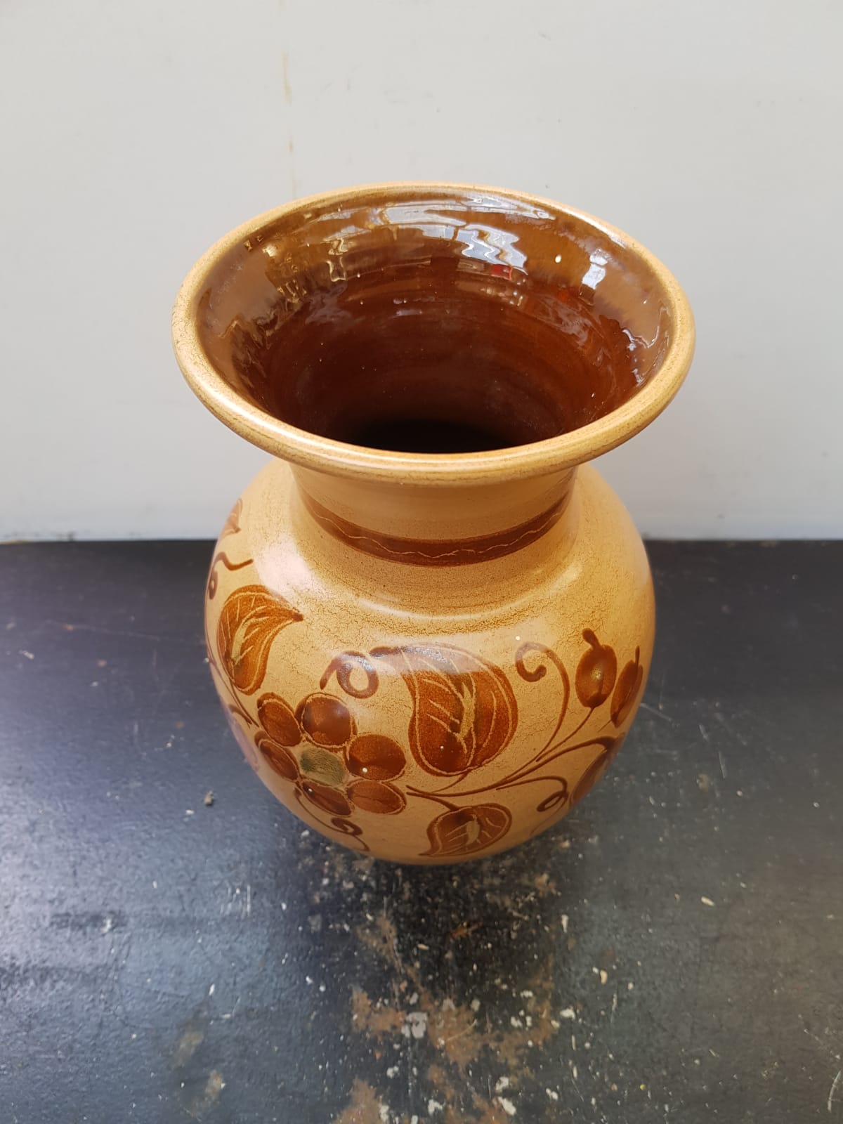 Beige ceramic vase with vintage brown flower decor