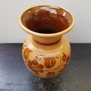 Vase céramique beige décor fleurs marron vintage