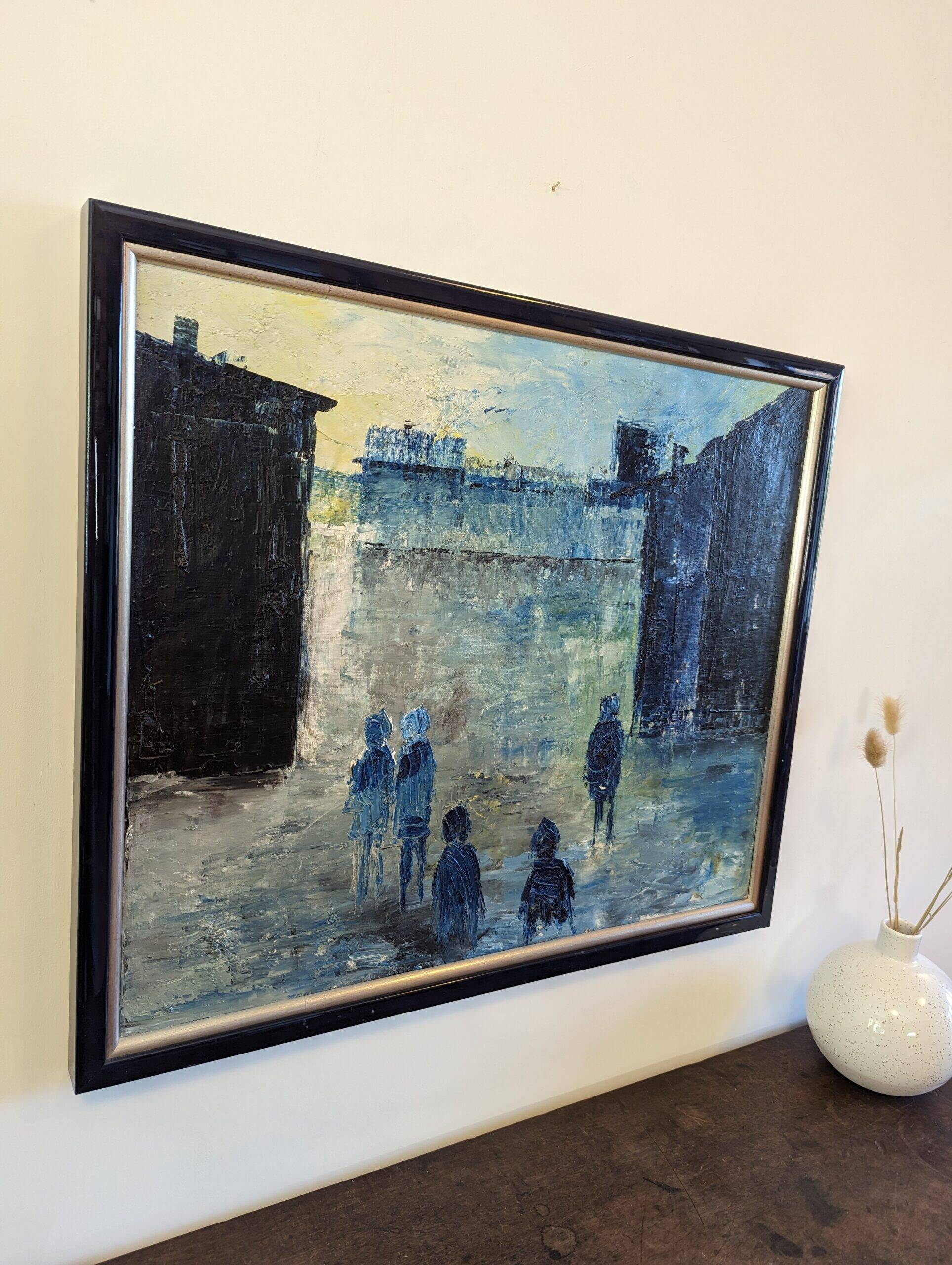 Mid-Century Modern Swedish "City Dream" Vintage Oil Painting, Framed
