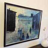 Mid-Century Modern Swedish "City Dream" Vintage Oil Painting, Framed