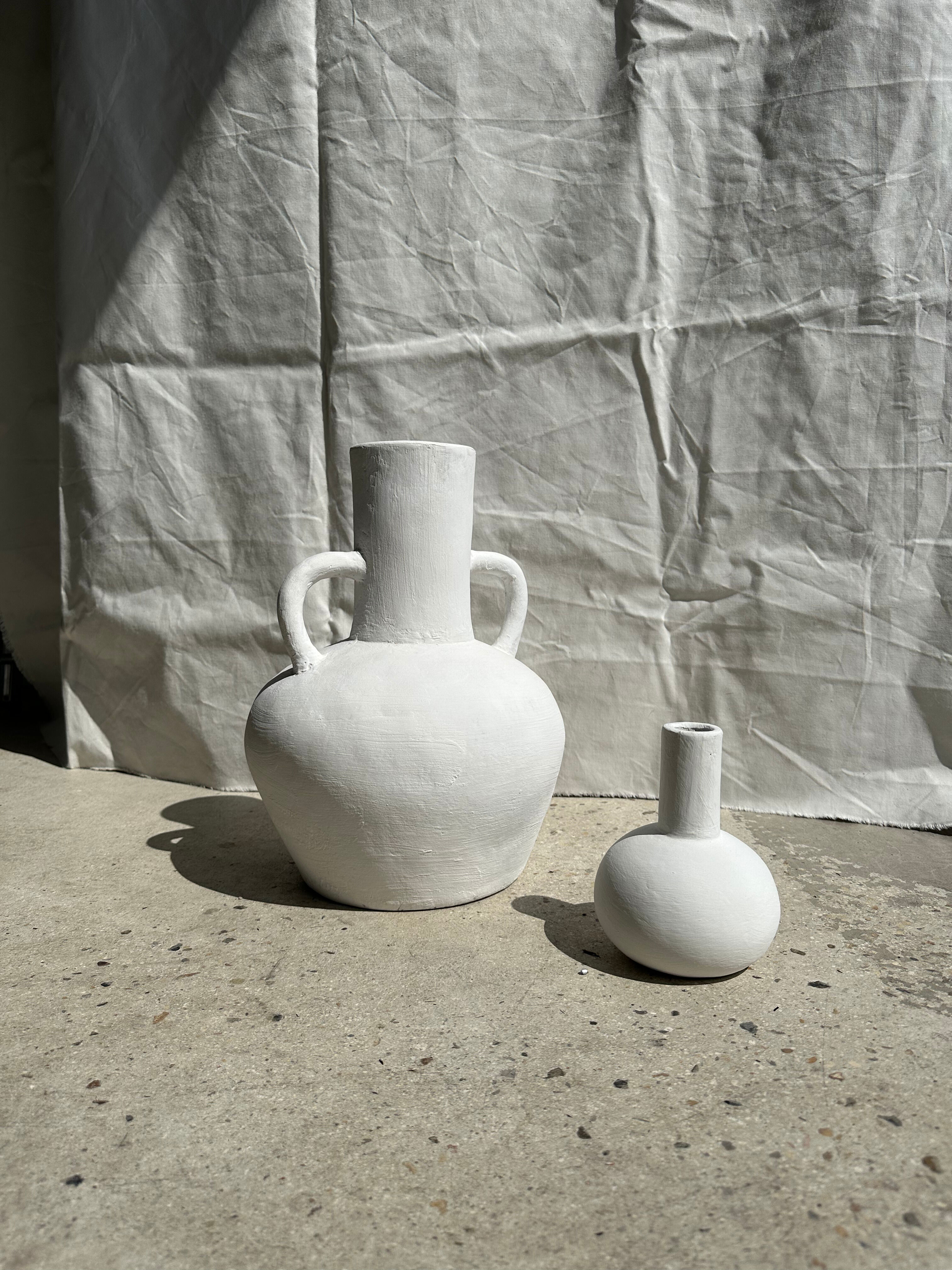 Handcrafted terracotta vase painted white with double handles h:40 d:30