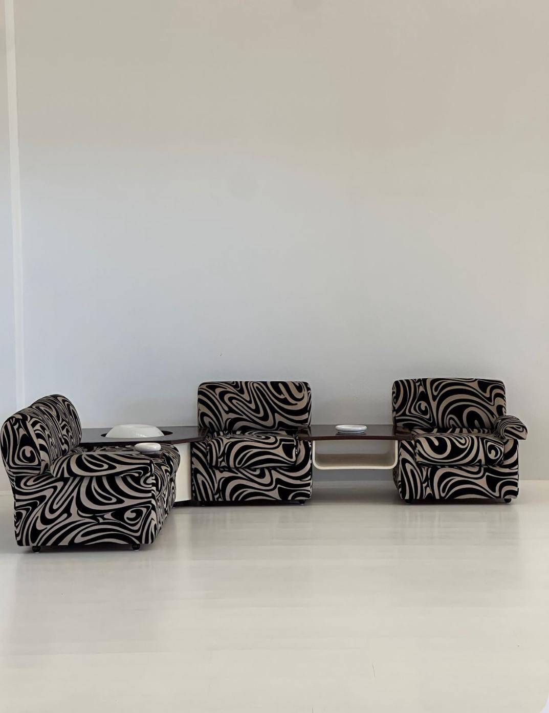 Modular 70s sofa, reupholstered, with integrated table modules, sculptural