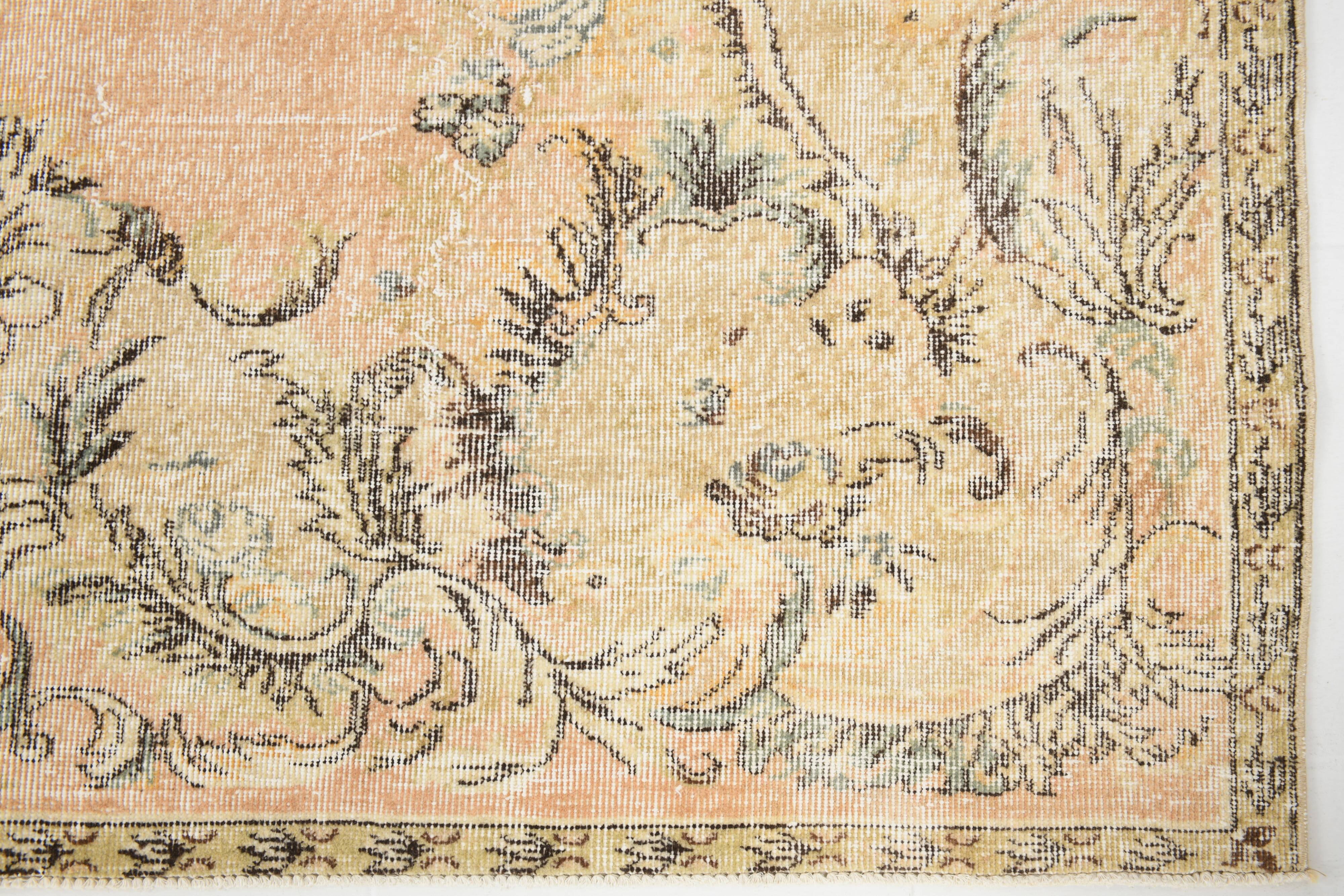 vintage beige orange turkish carpet 207x302 cm , wool hand made rug.