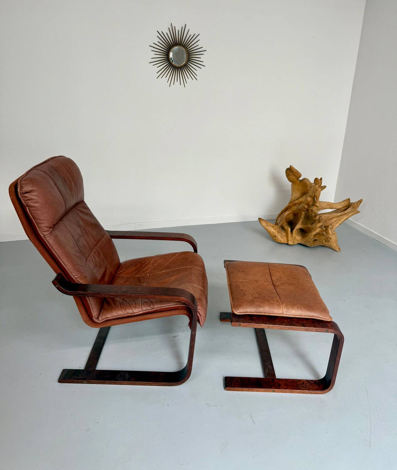 Yngve Ekström 70 Scandinavian design armchair with leather and wood ottoman
