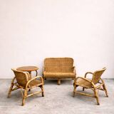 Vintage rattan garden furniture – complete set with sofa and armchairs.