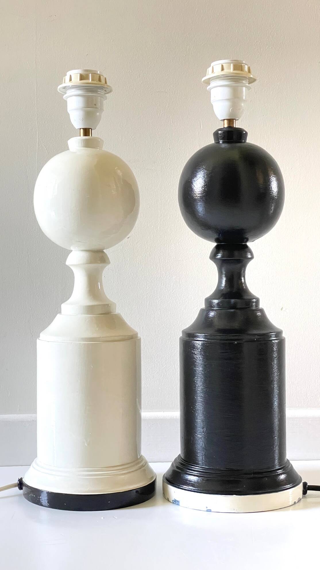 2 large black and white turned wood vintage lamp bases.