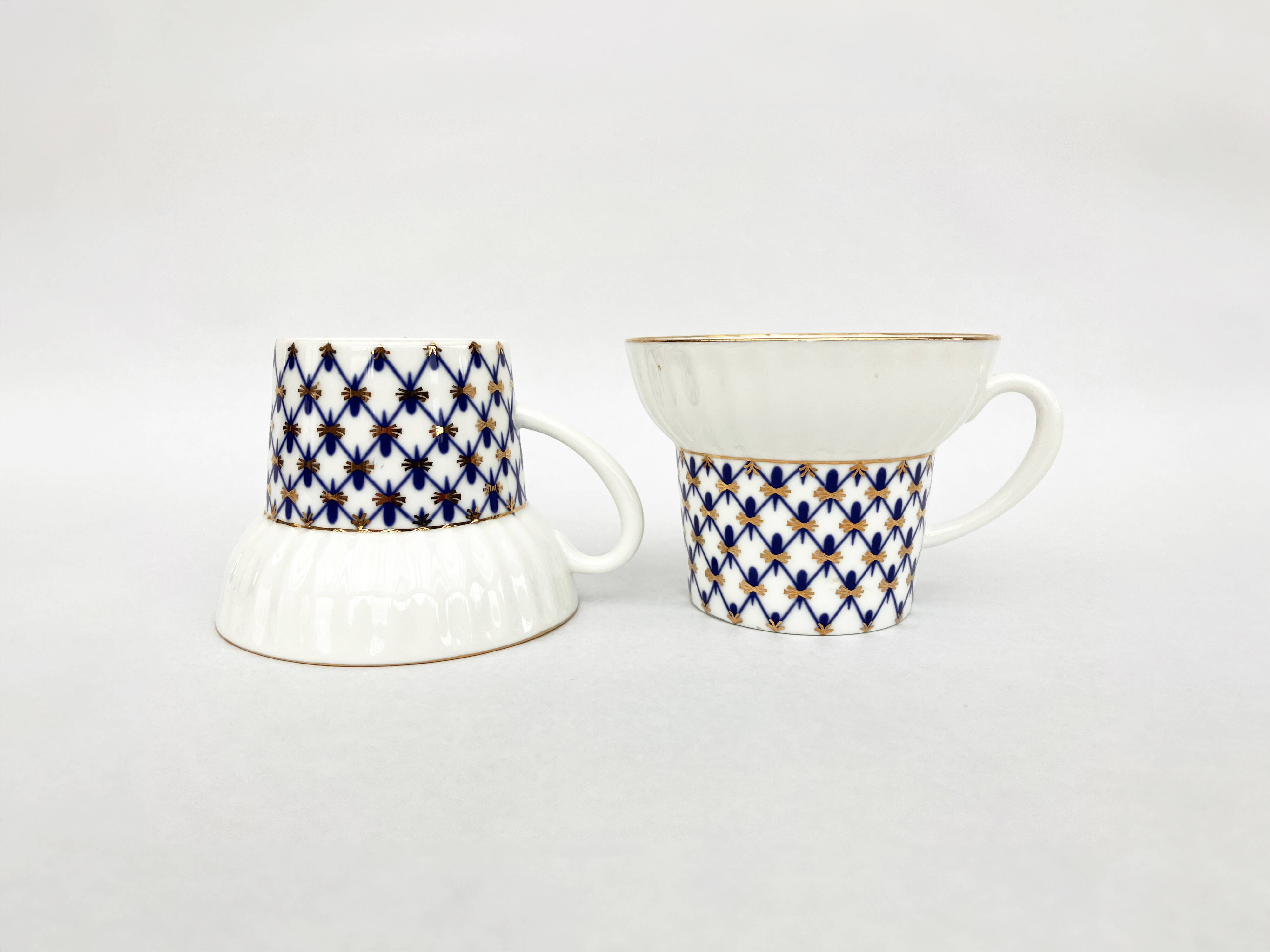 2 Russian Imperial Lomonosov Porcelain Cups • Cobalt 1744