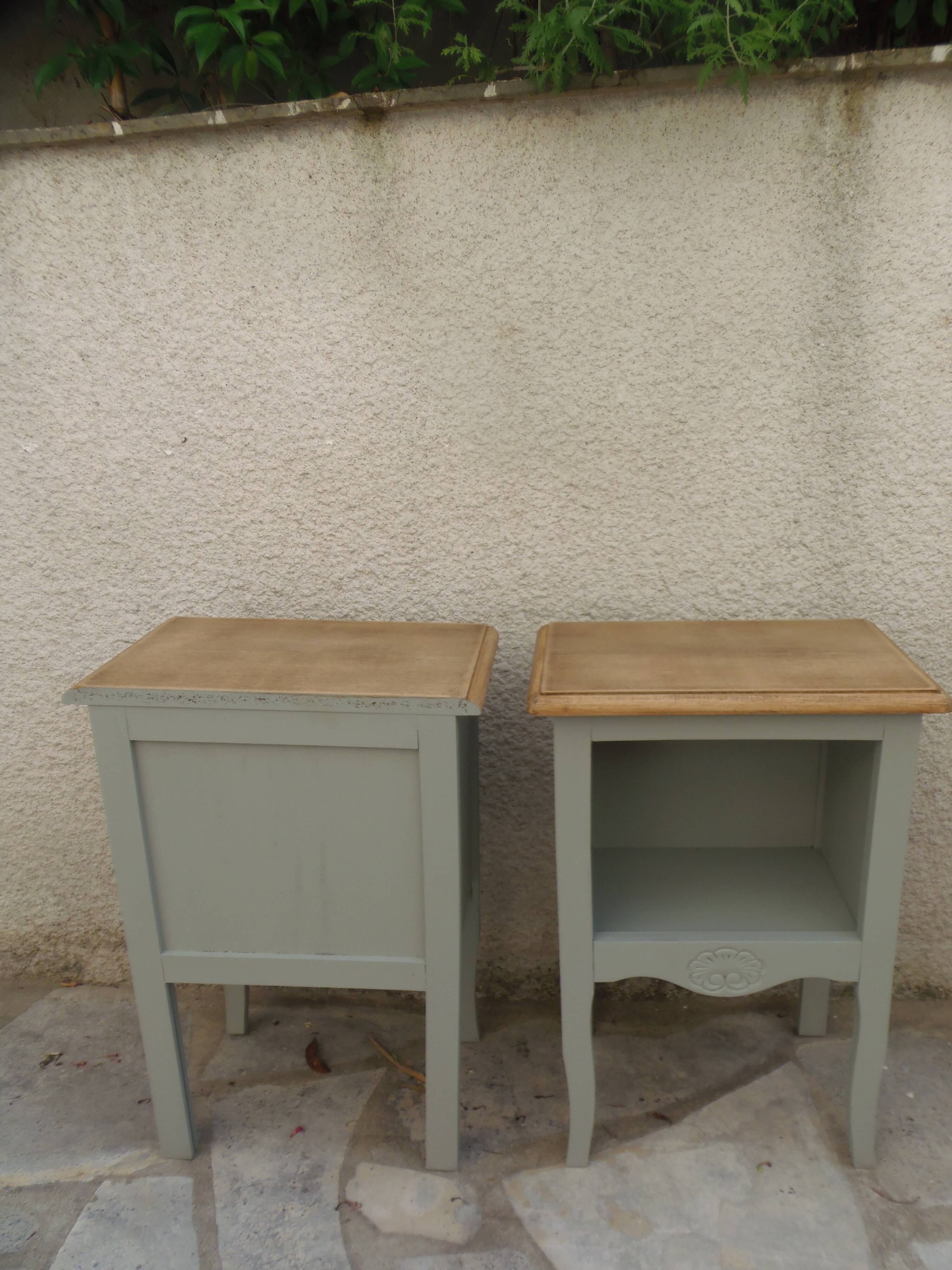 Pair of restored antique bedside tables painted in verdigris.