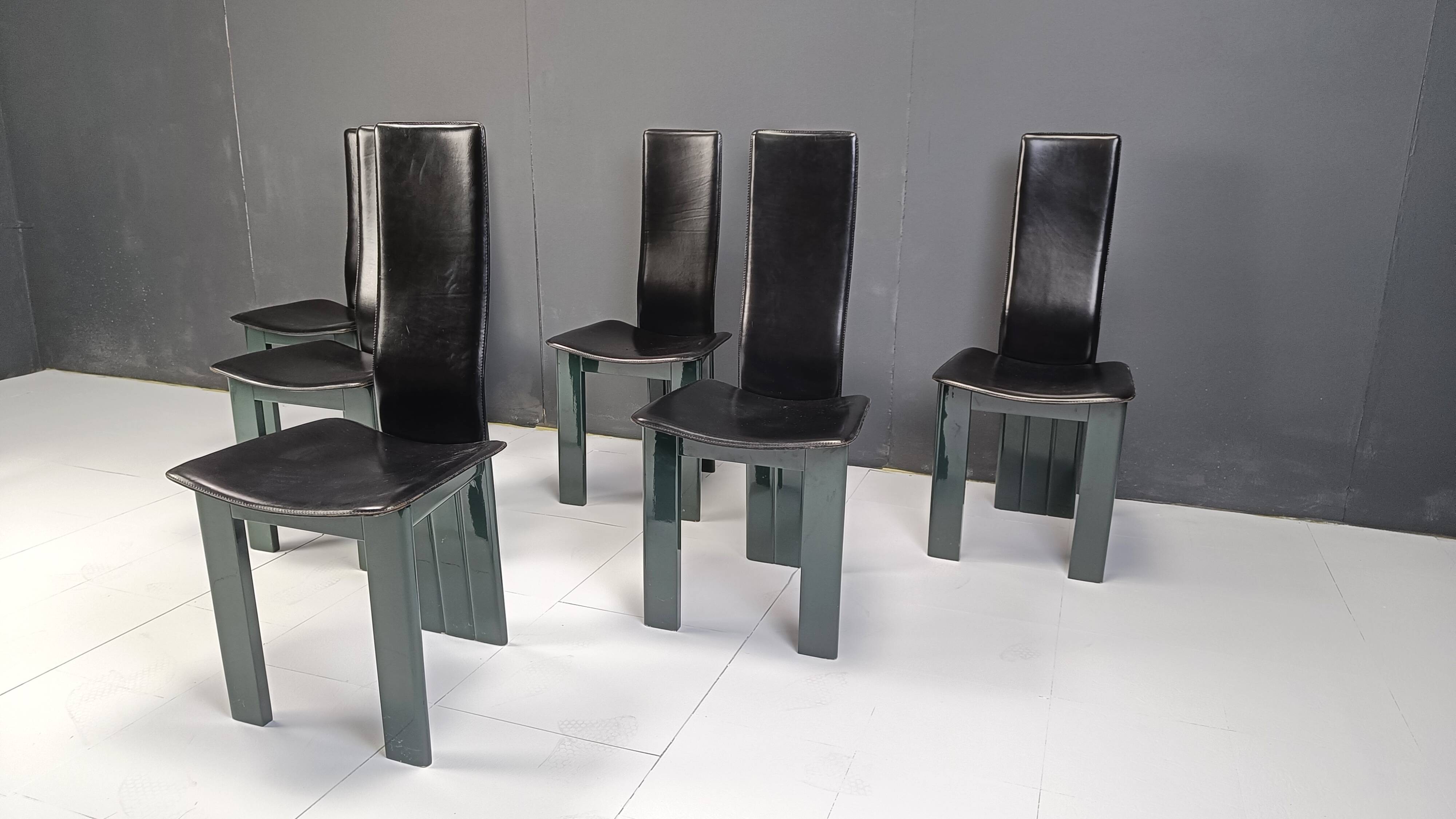 Set of 6 Italian leather and green lacquer dining chairs, 1980s